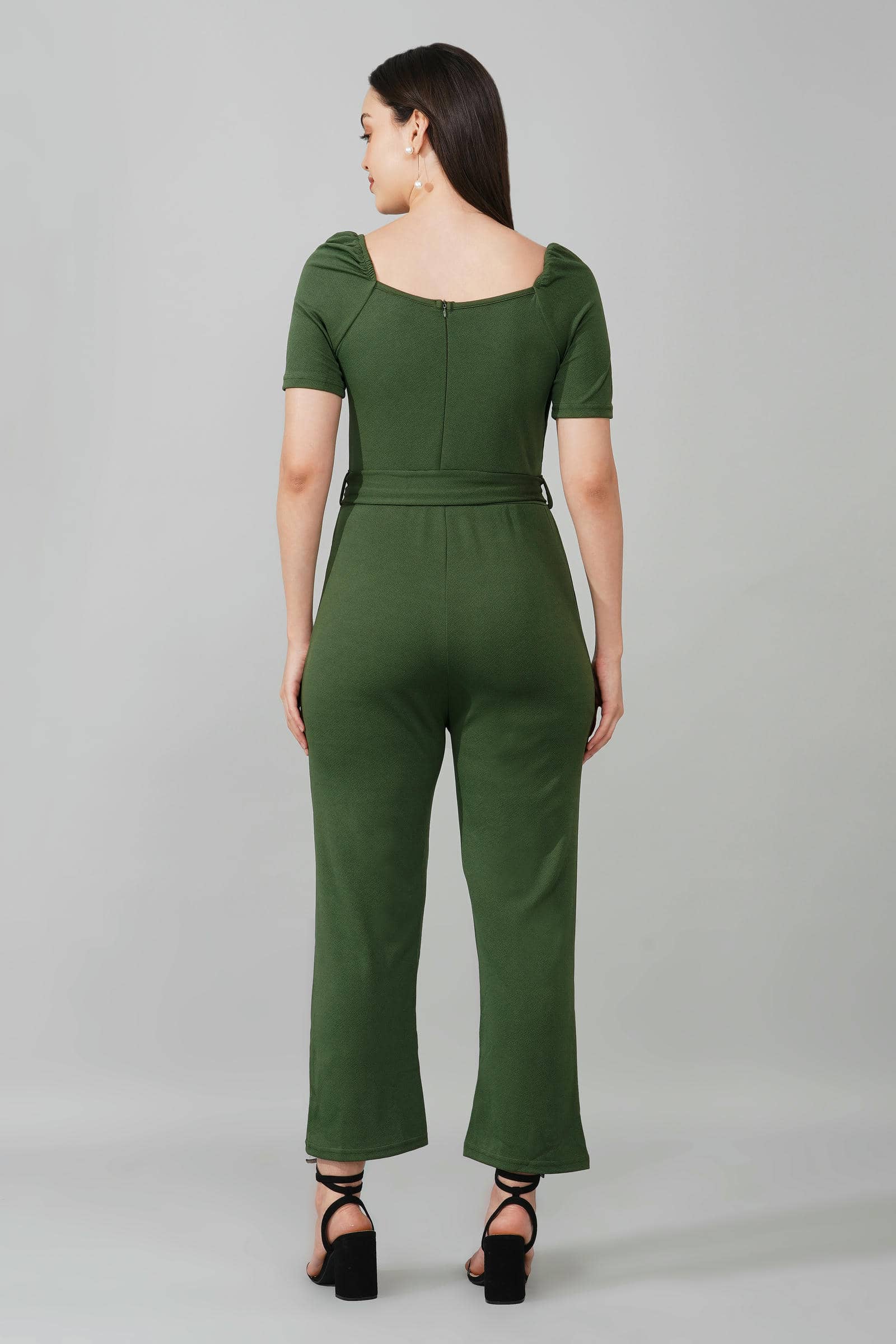 Olive Green Puff-Sleeve Wrap Jumpsuit