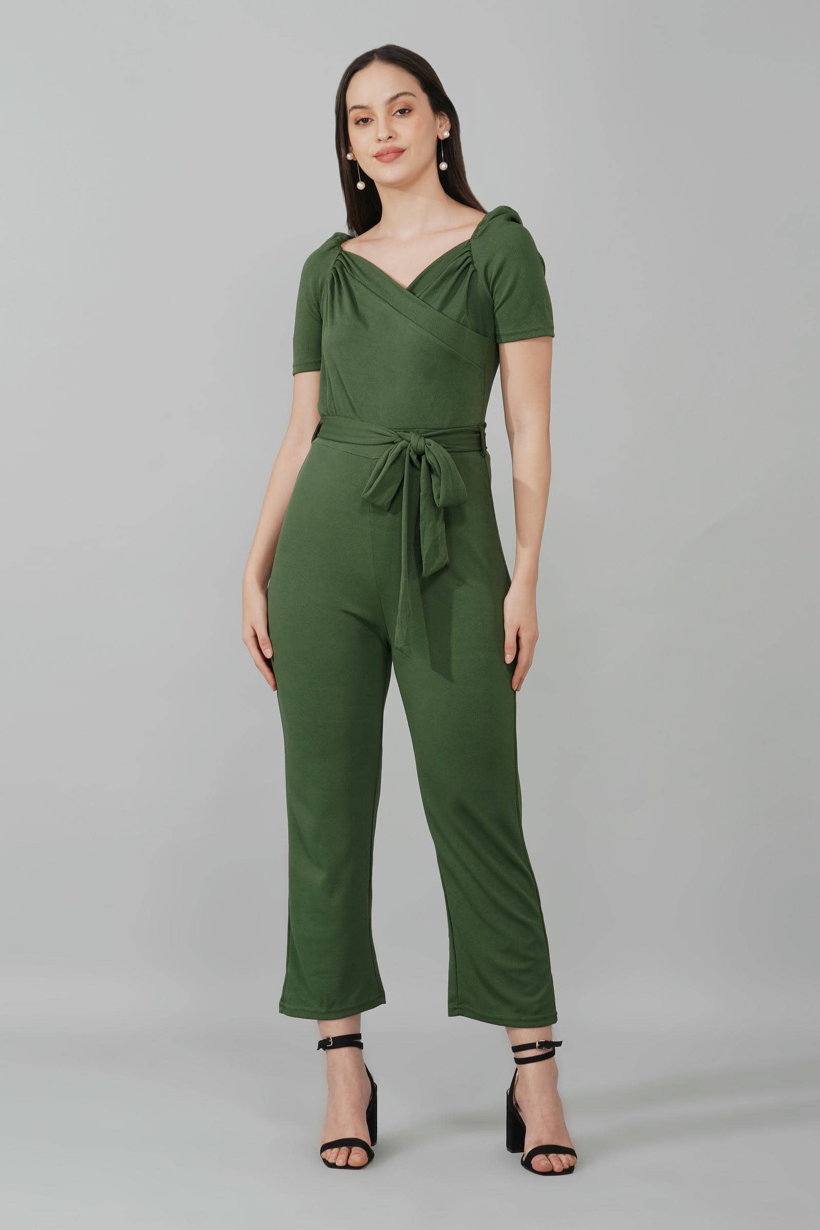 Olive Green Puff-Sleeve Wrap Jumpsuit
