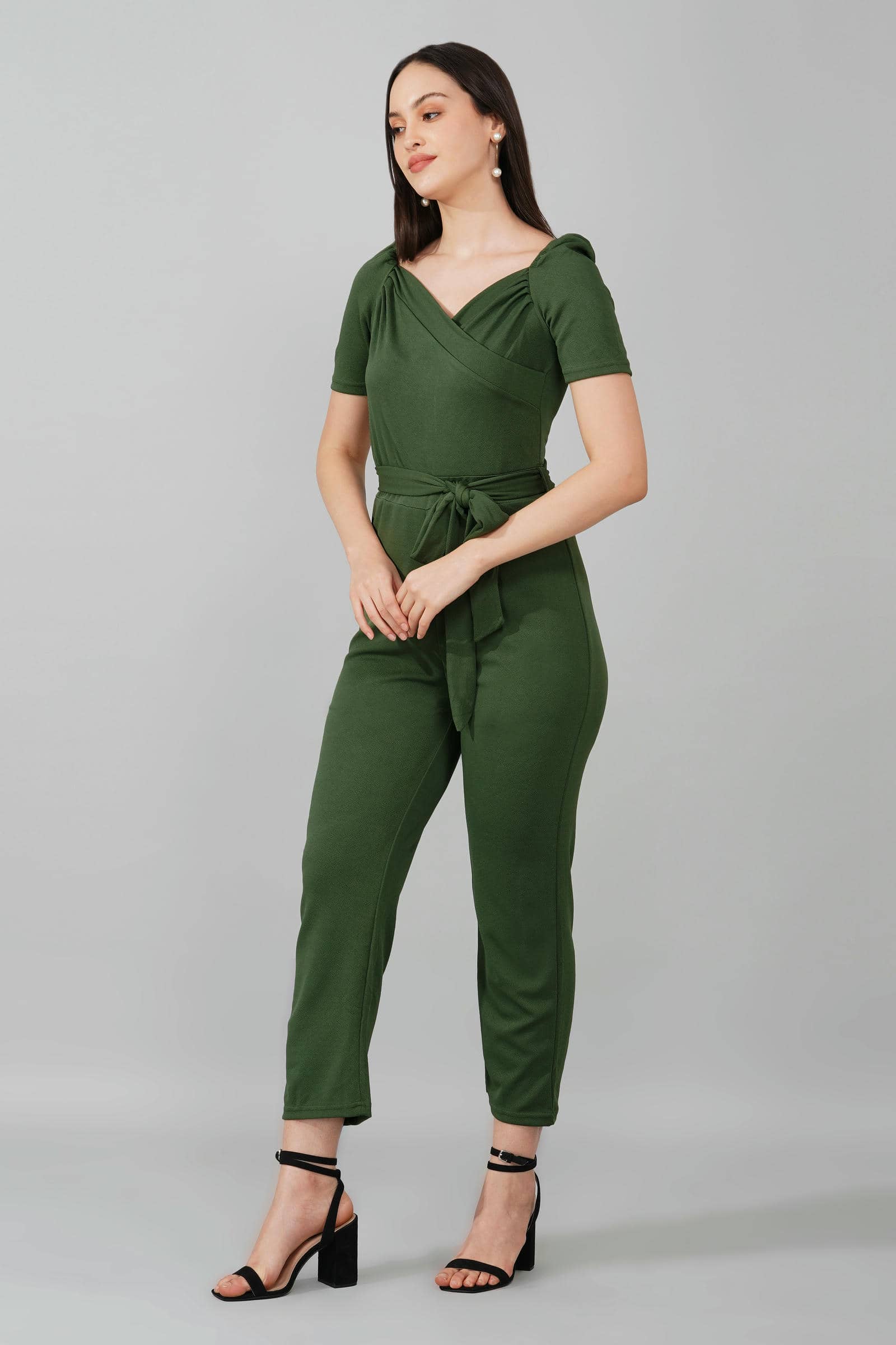 Olive Green Puff-Sleeve Wrap Jumpsuit