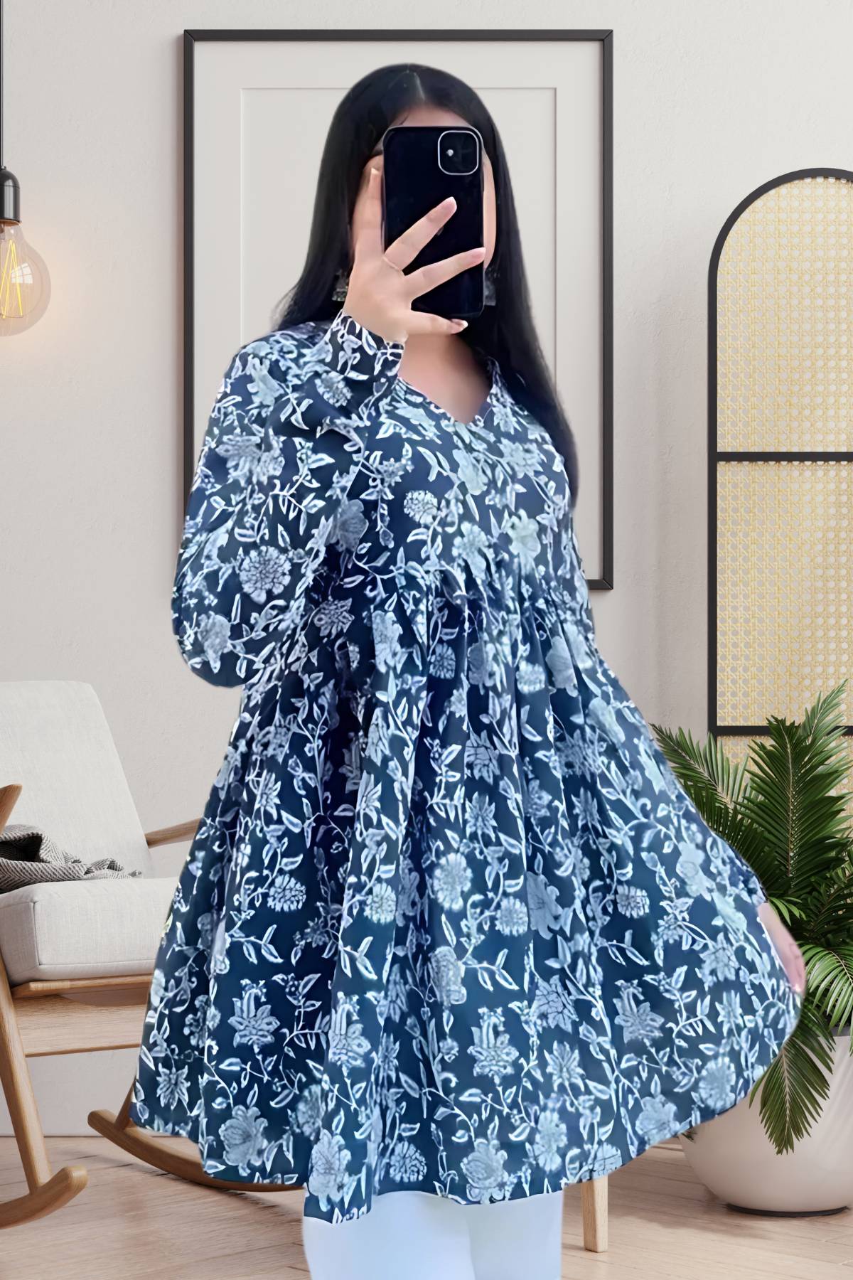 Navy Blue & White Floral Flared Top