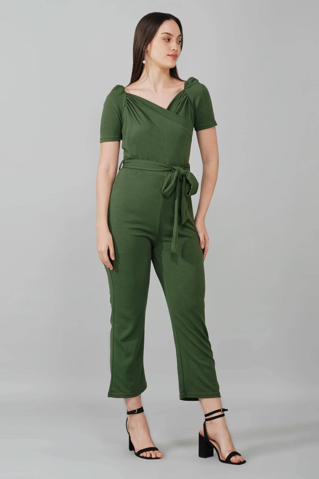 Olive Green Puff-Sleeve Wrap Jumpsuit