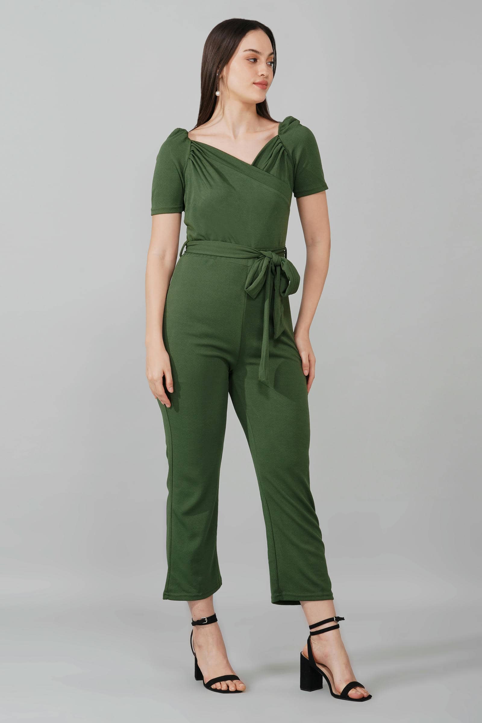 Olive Green Puff-Sleeve Wrap Jumpsuit