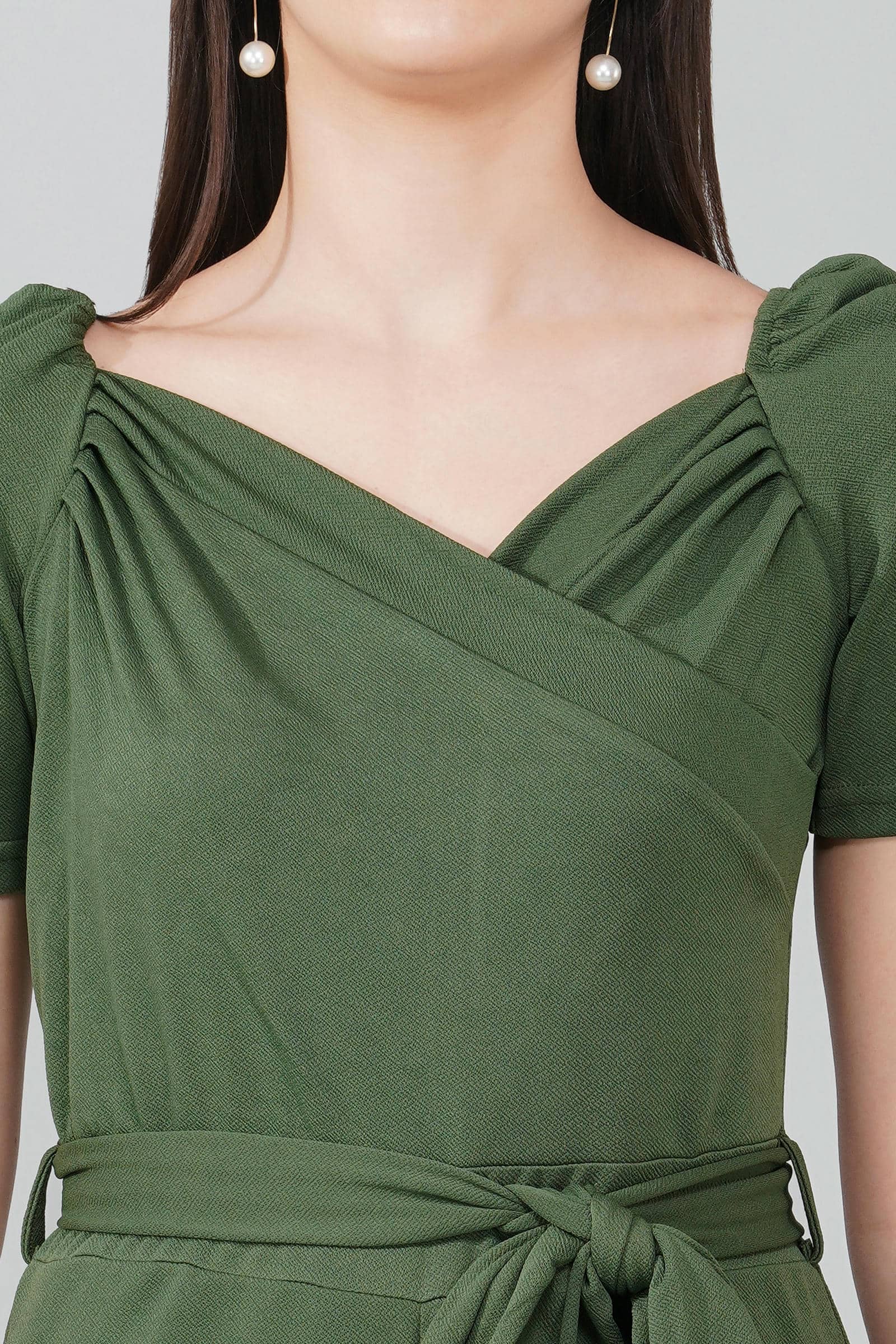 Olive Green Puff-Sleeve Wrap Jumpsuit