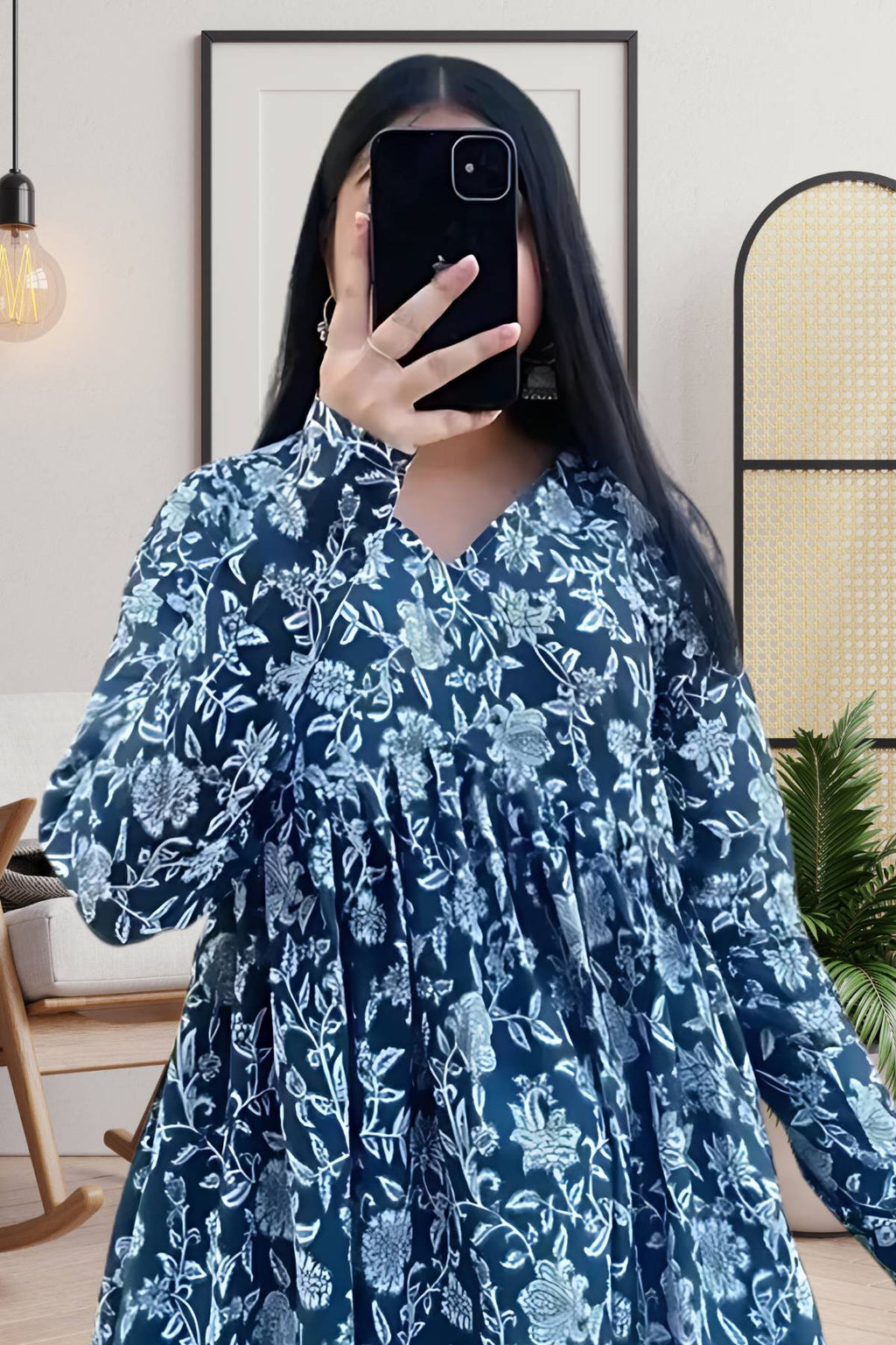 Navy Blue & White Floral Flared Top
