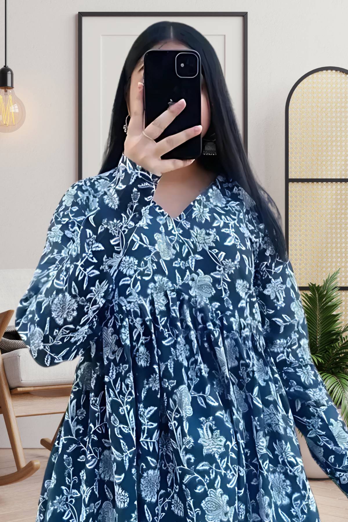 Navy Blue & White Floral Flared Top