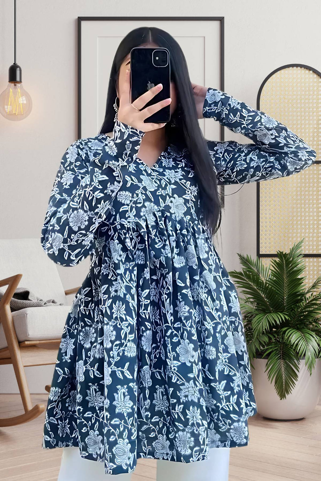 Navy Blue & White Floral Flared Top