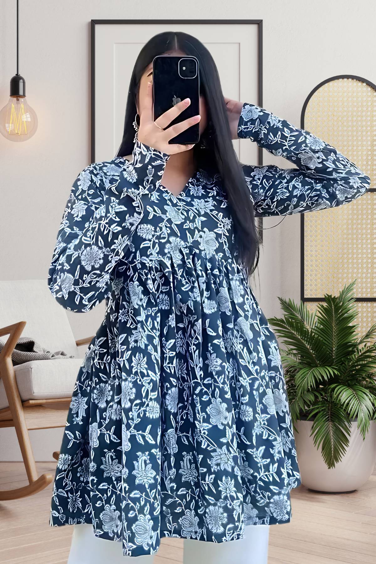 Navy Blue & White Floral Flared Top