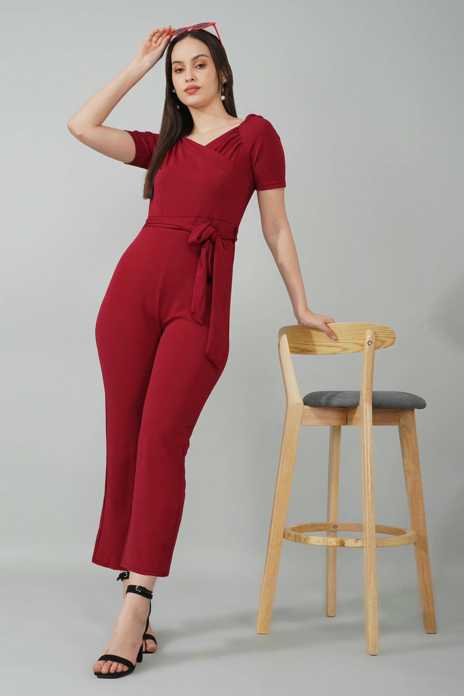 Burgundy Puff-Sleeve Wrap Jumpsuit