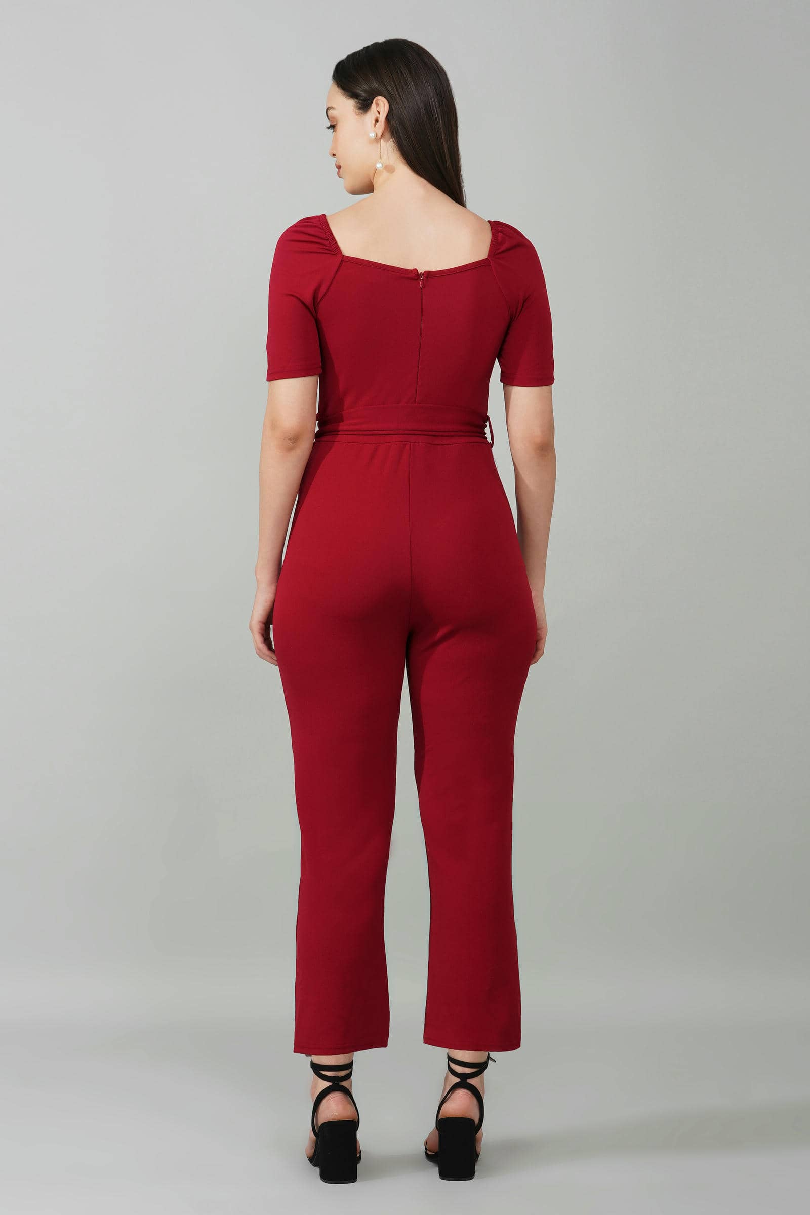 Burgundy Puff-Sleeve Wrap Jumpsuit