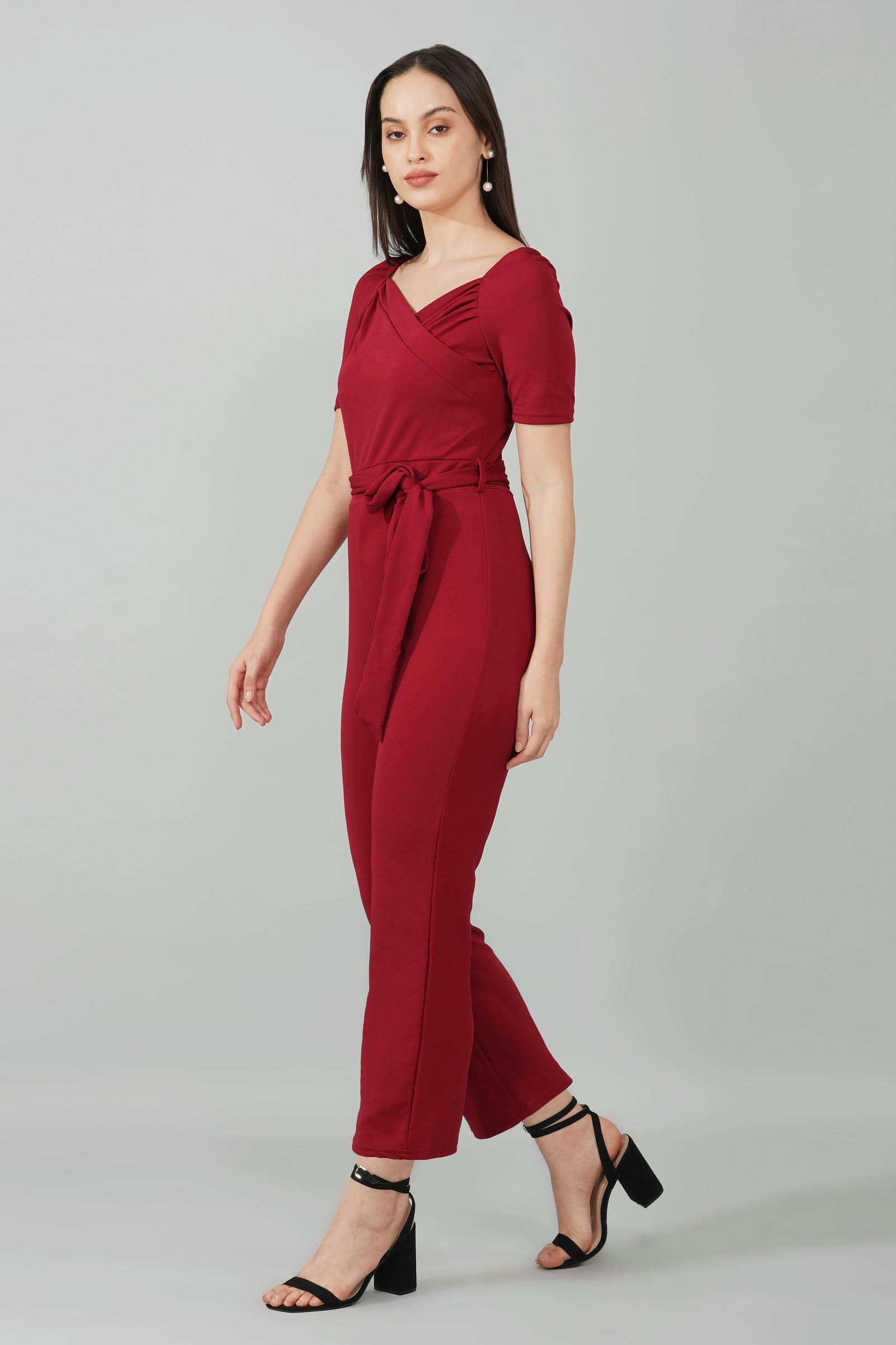 Burgundy Puff-Sleeve Wrap Jumpsuit