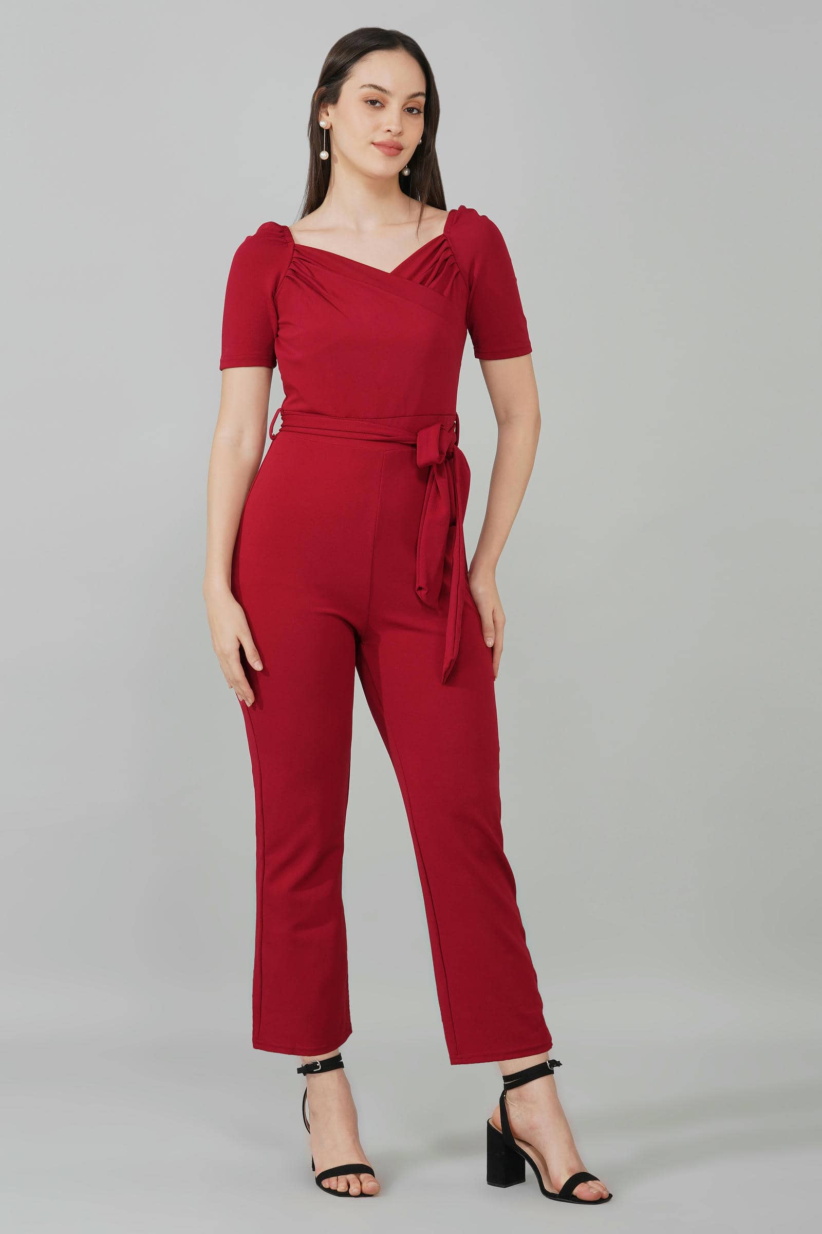 Burgundy Puff-Sleeve Wrap Jumpsuit