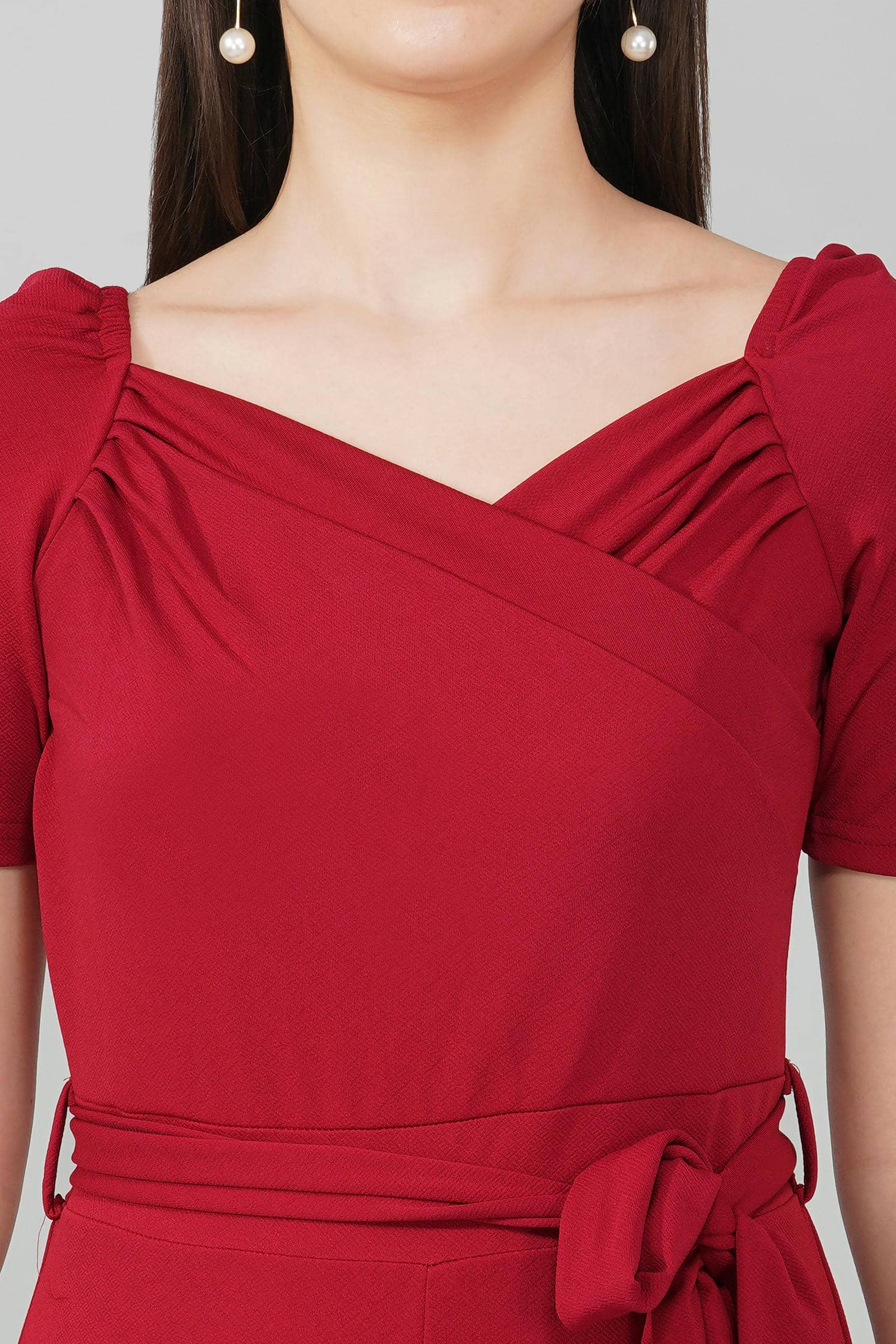 Burgundy Puff-Sleeve Wrap Jumpsuit