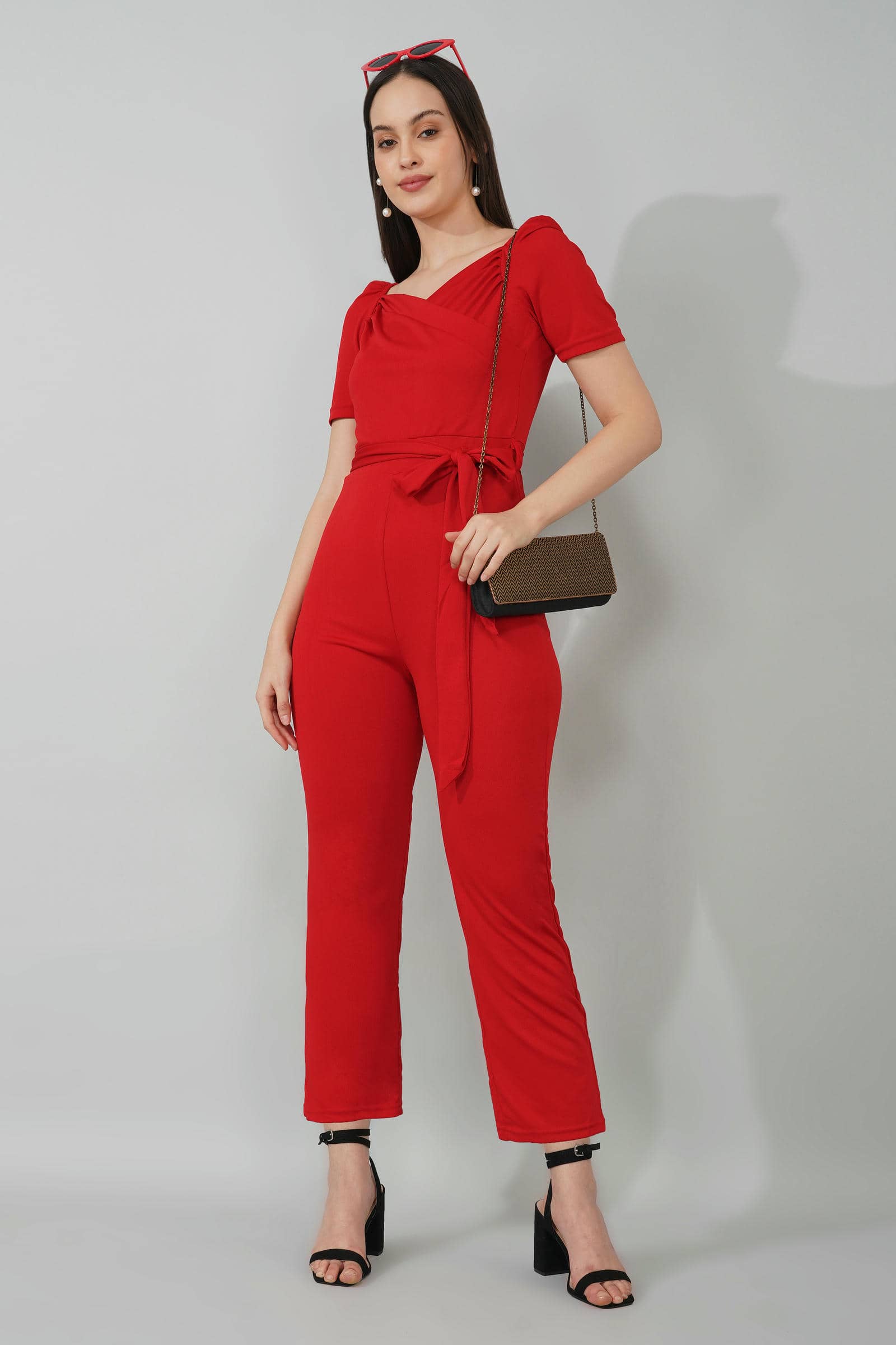 Deep Red Puff-Sleeve Wrap Jumpsuit