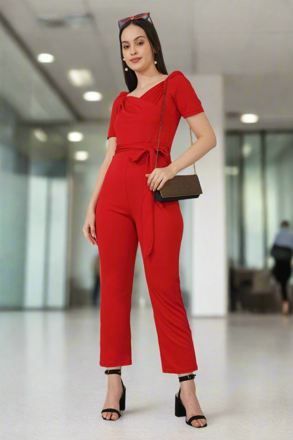 Deep Red Puff-Sleeve Wrap Jumpsuit