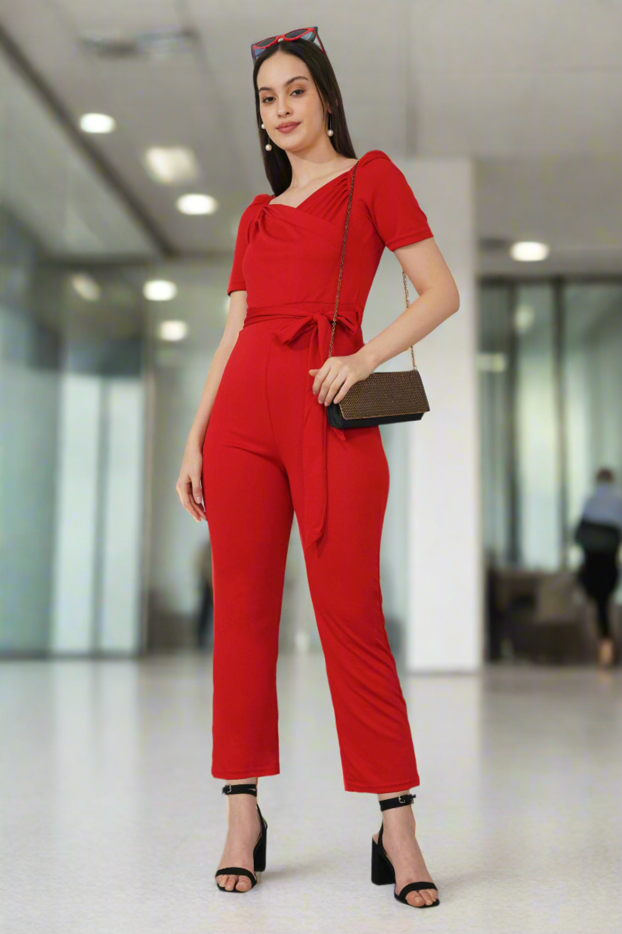 Deep Red Puff-Sleeve Wrap Jumpsuit