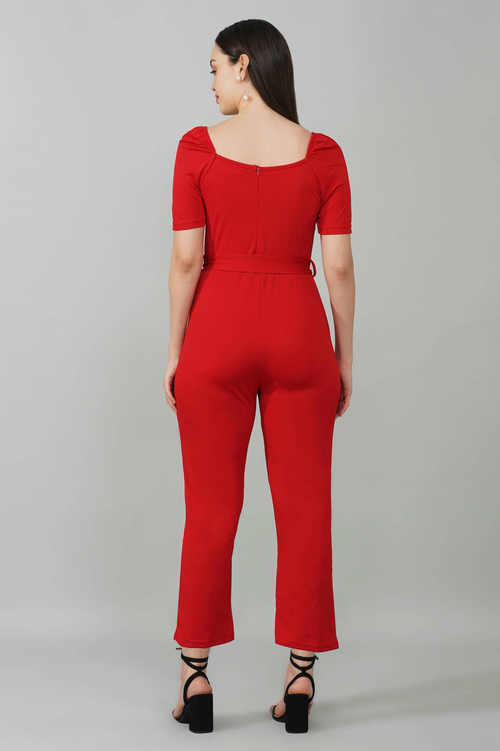 Deep Red Puff-Sleeve Wrap Jumpsuit