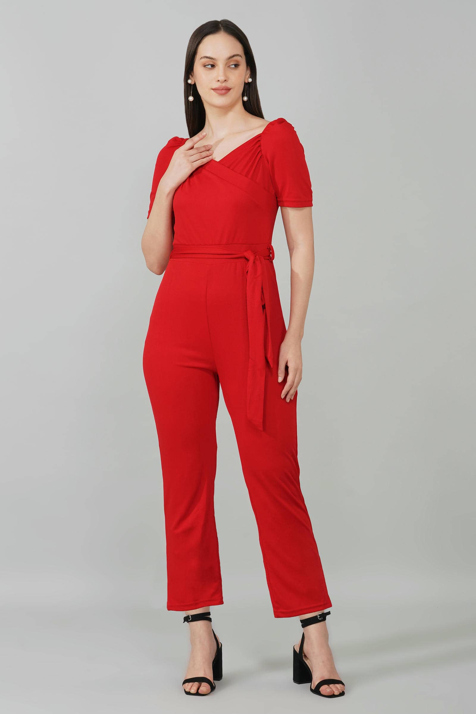 Deep Red Puff-Sleeve Wrap Jumpsuit