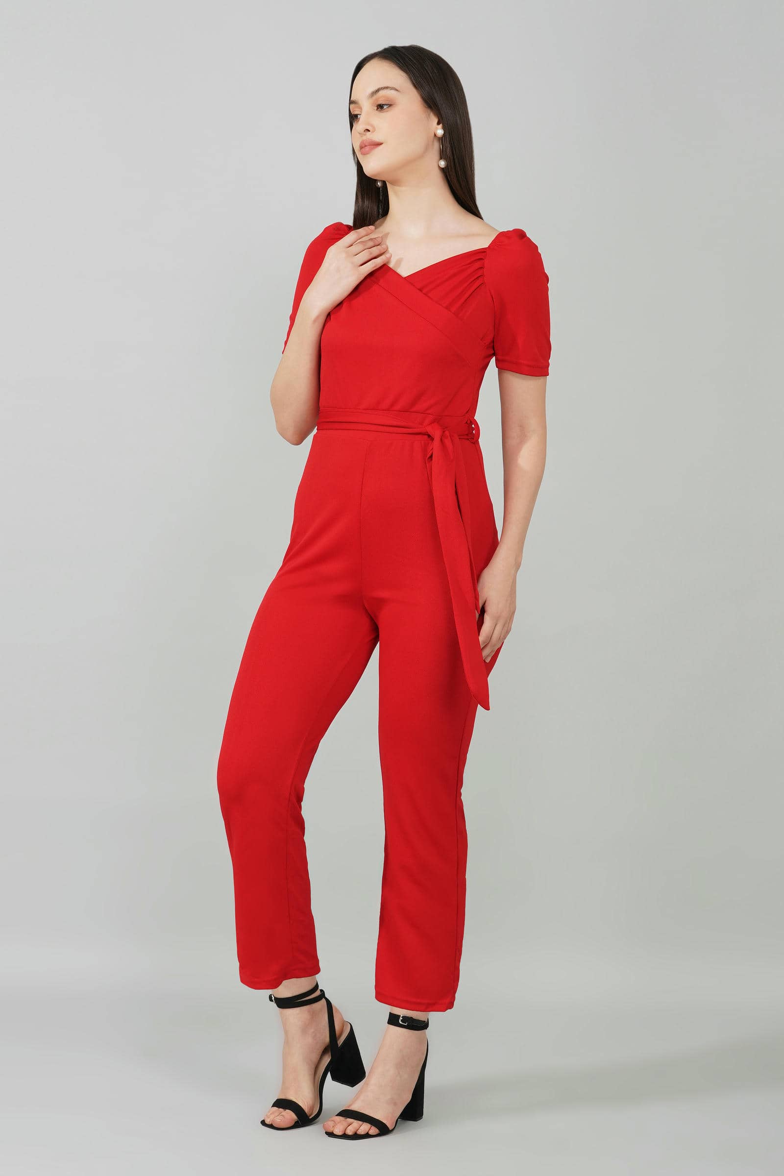 Deep Red Puff-Sleeve Wrap Jumpsuit