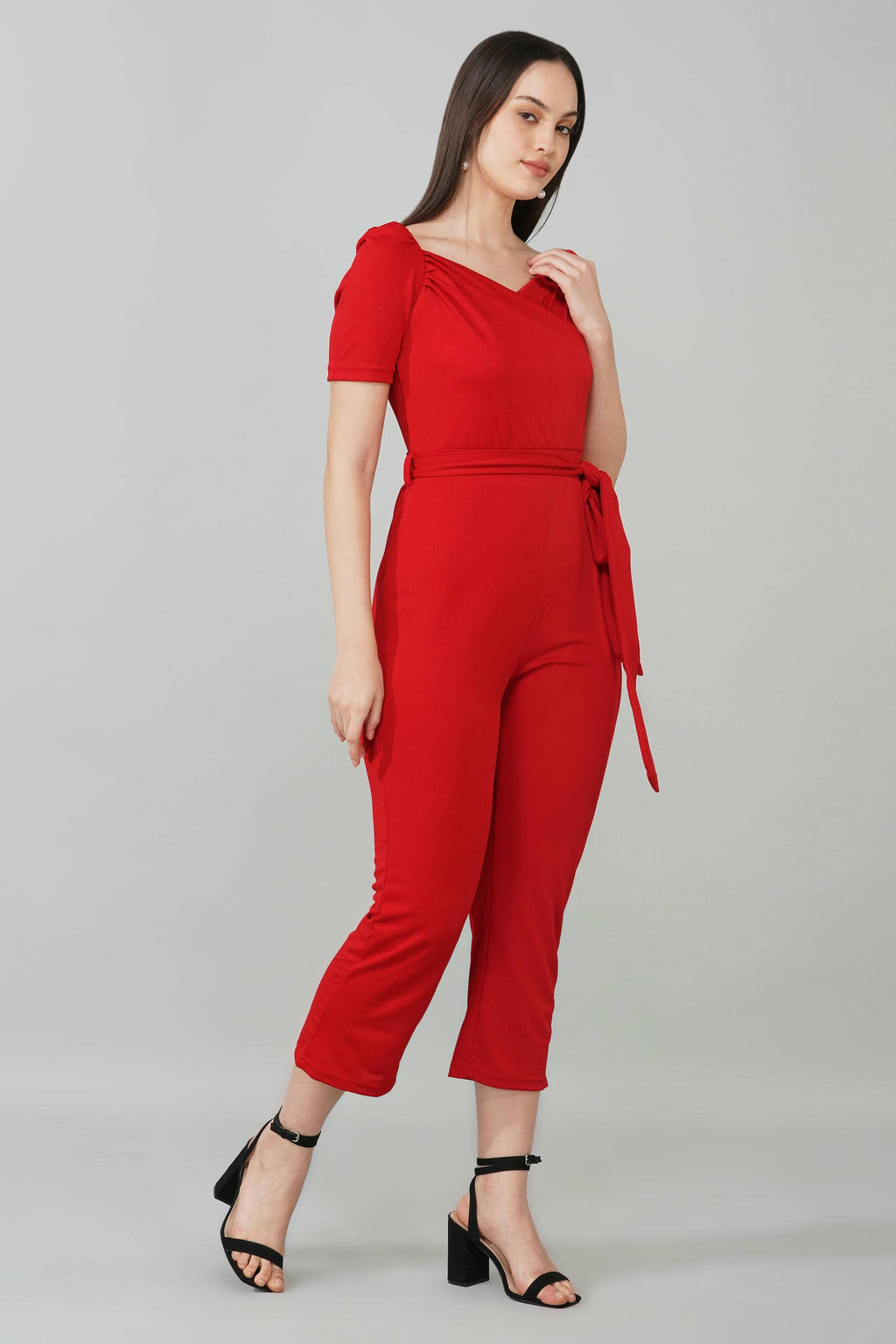 Deep Red Puff-Sleeve Wrap Jumpsuit
