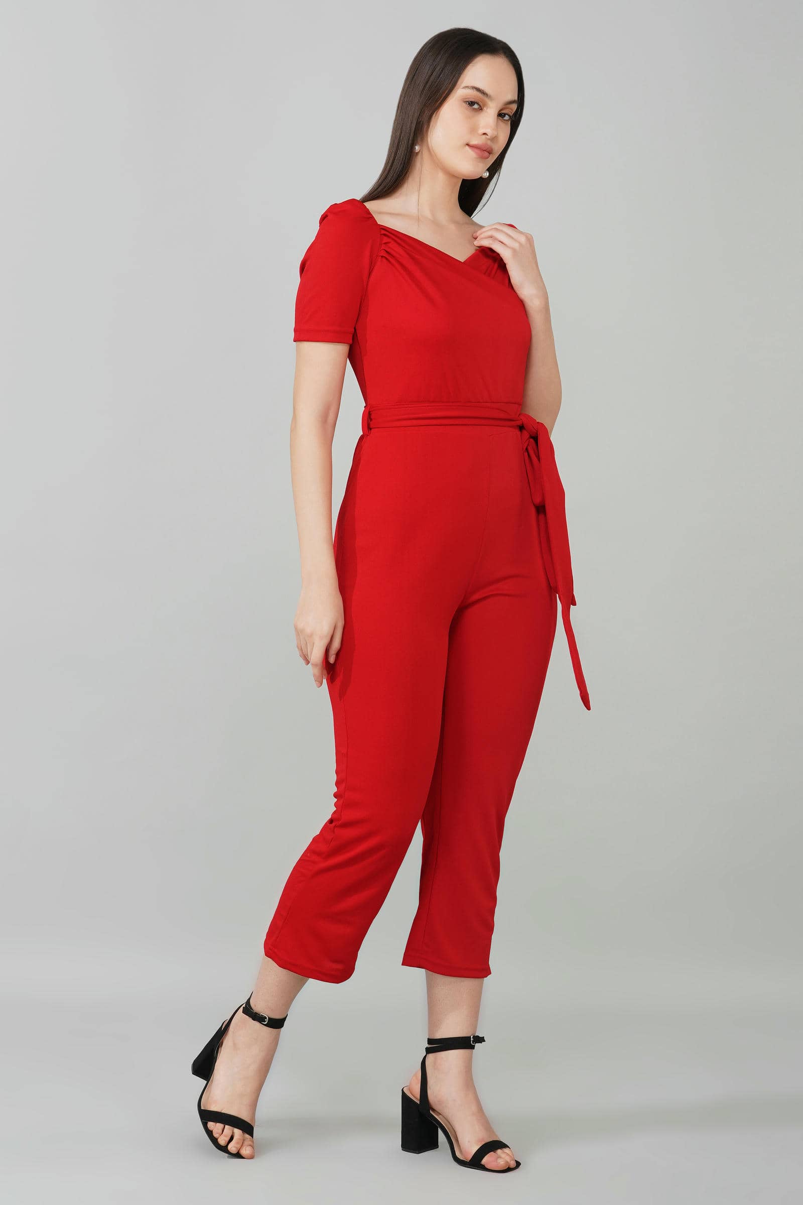 Deep Red Puff-Sleeve Wrap Jumpsuit