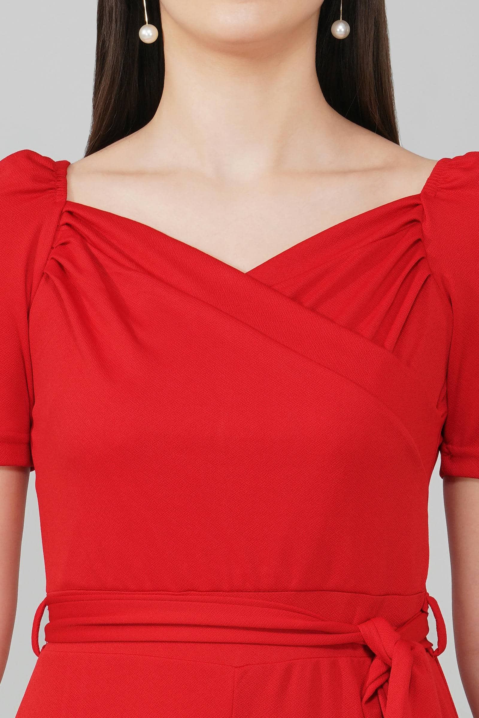Deep Red Puff-Sleeve Wrap Jumpsuit