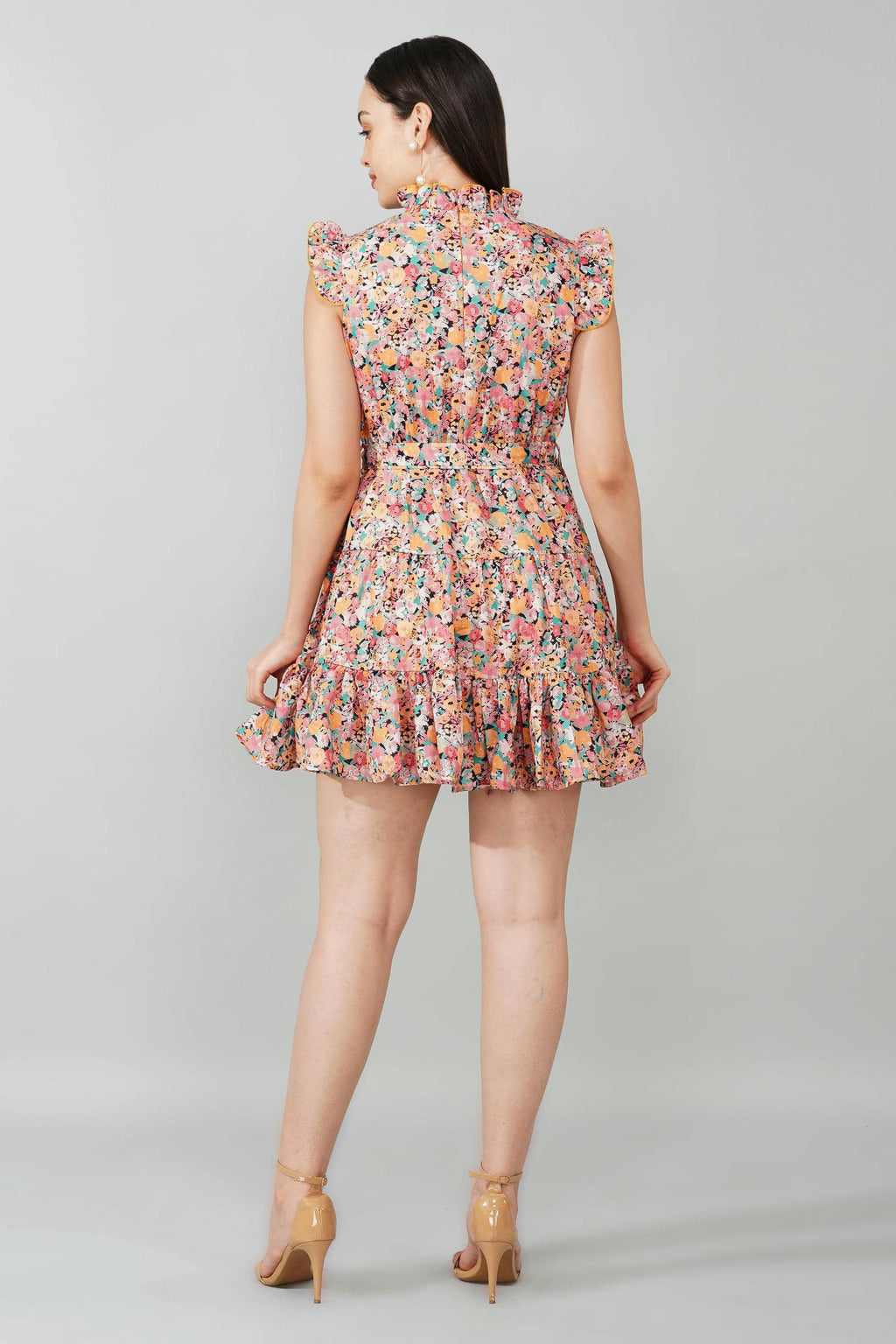 Floral Ruffle Sleeve Belted Dress