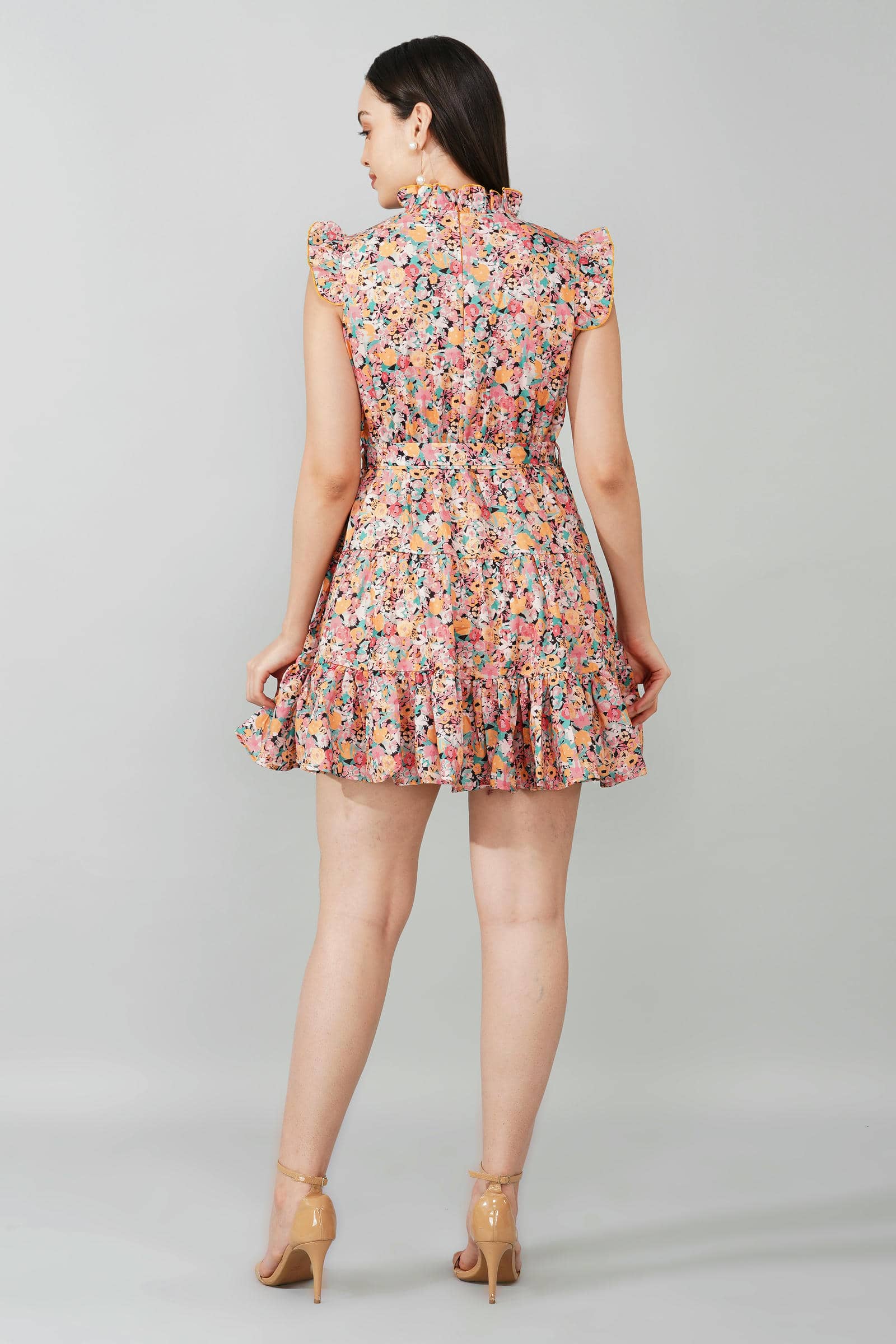 Floral Ruffle Sleeve Belted Dress