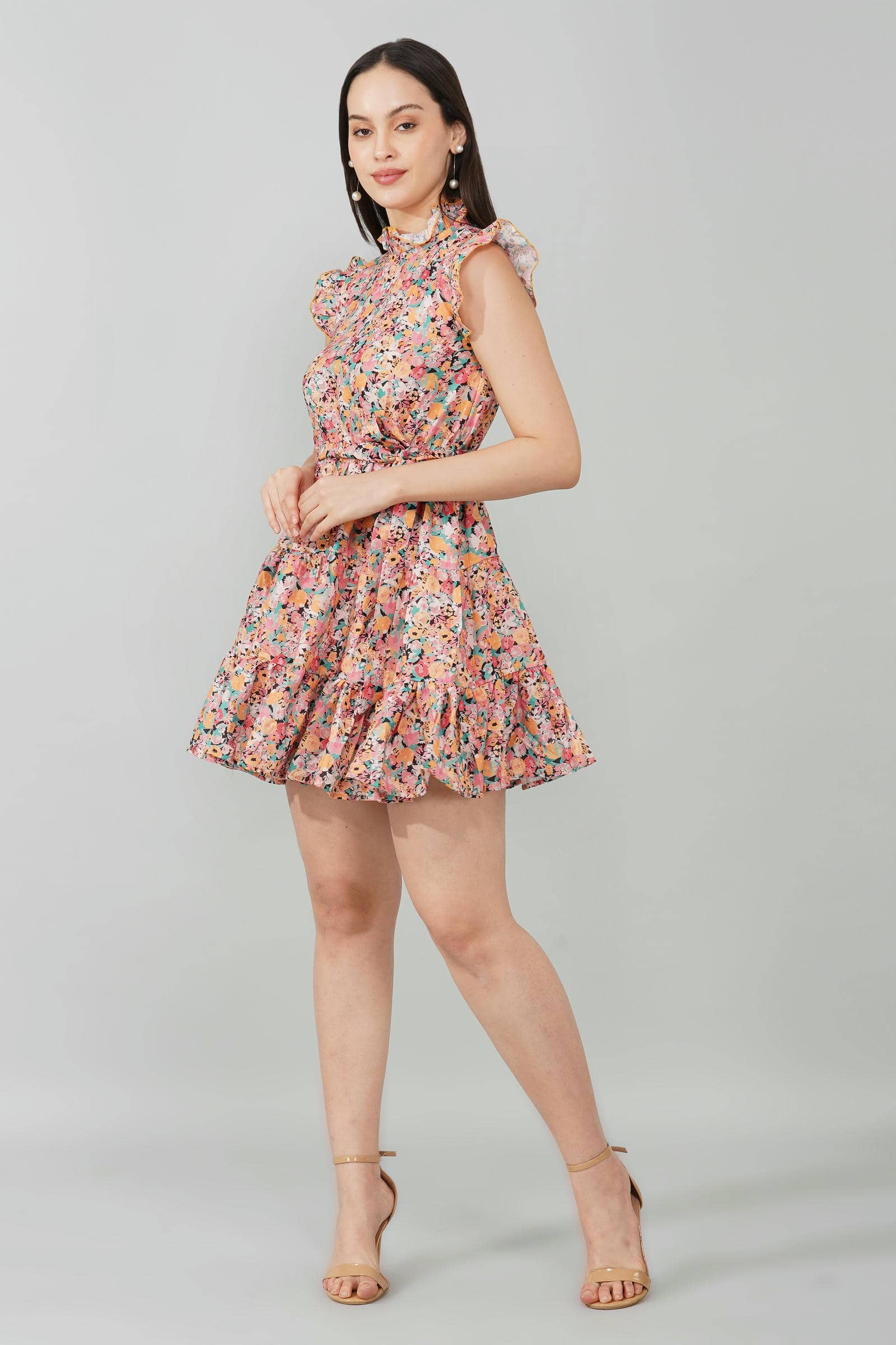 Floral Ruffle Sleeve Belted Dress