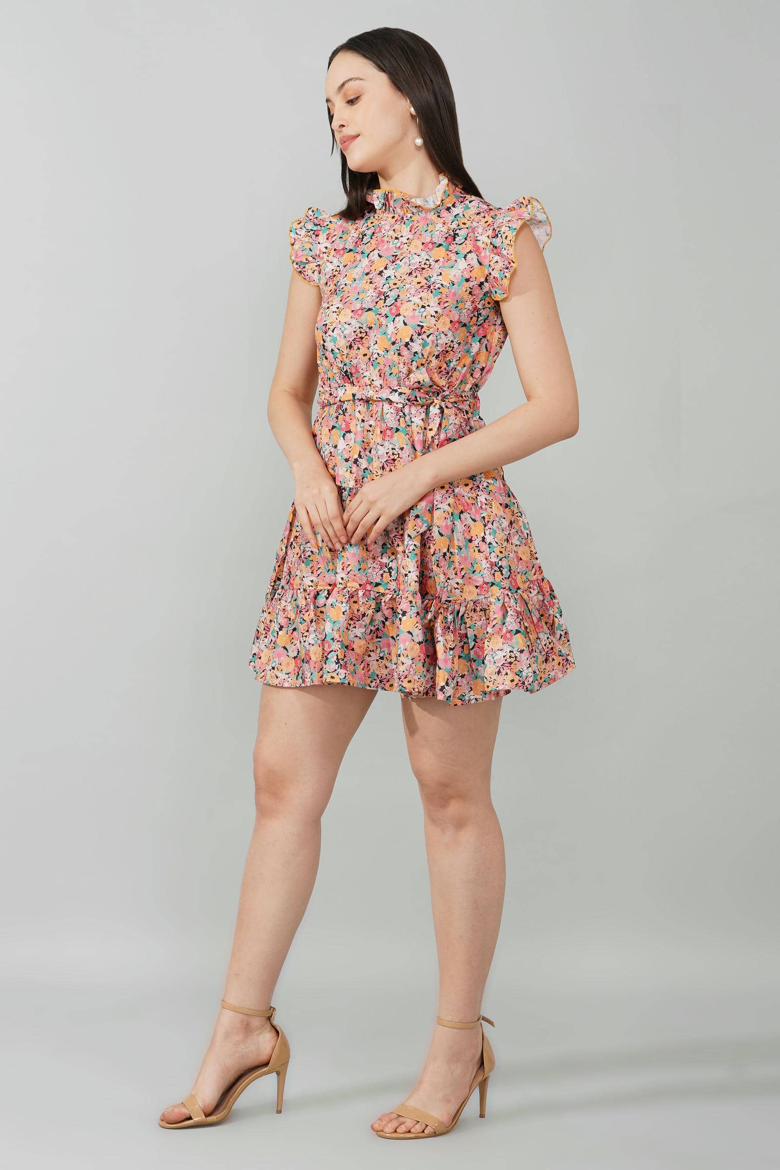 Floral Ruffle Sleeve Belted Dress