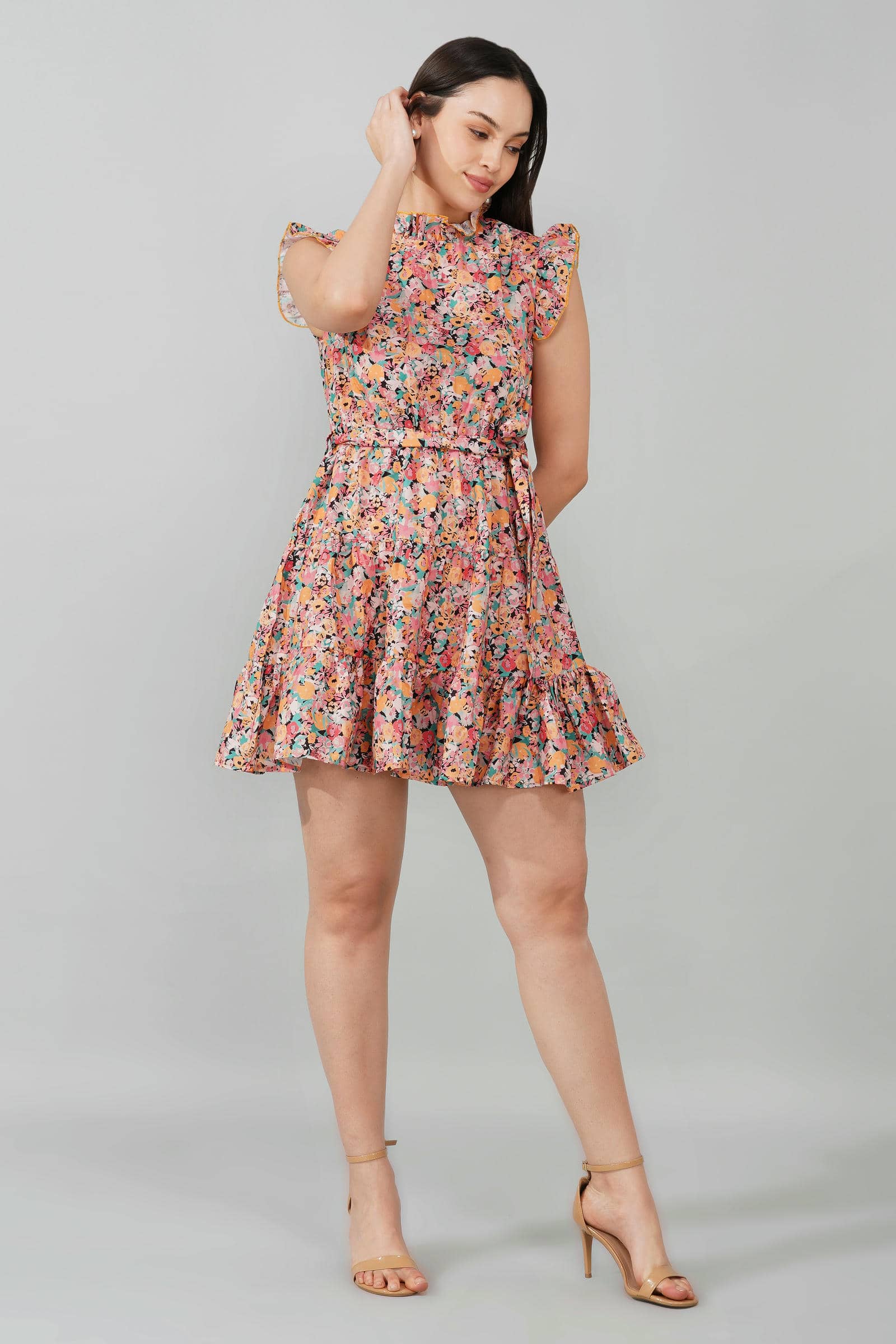 Floral Ruffle Sleeve Belted Dress