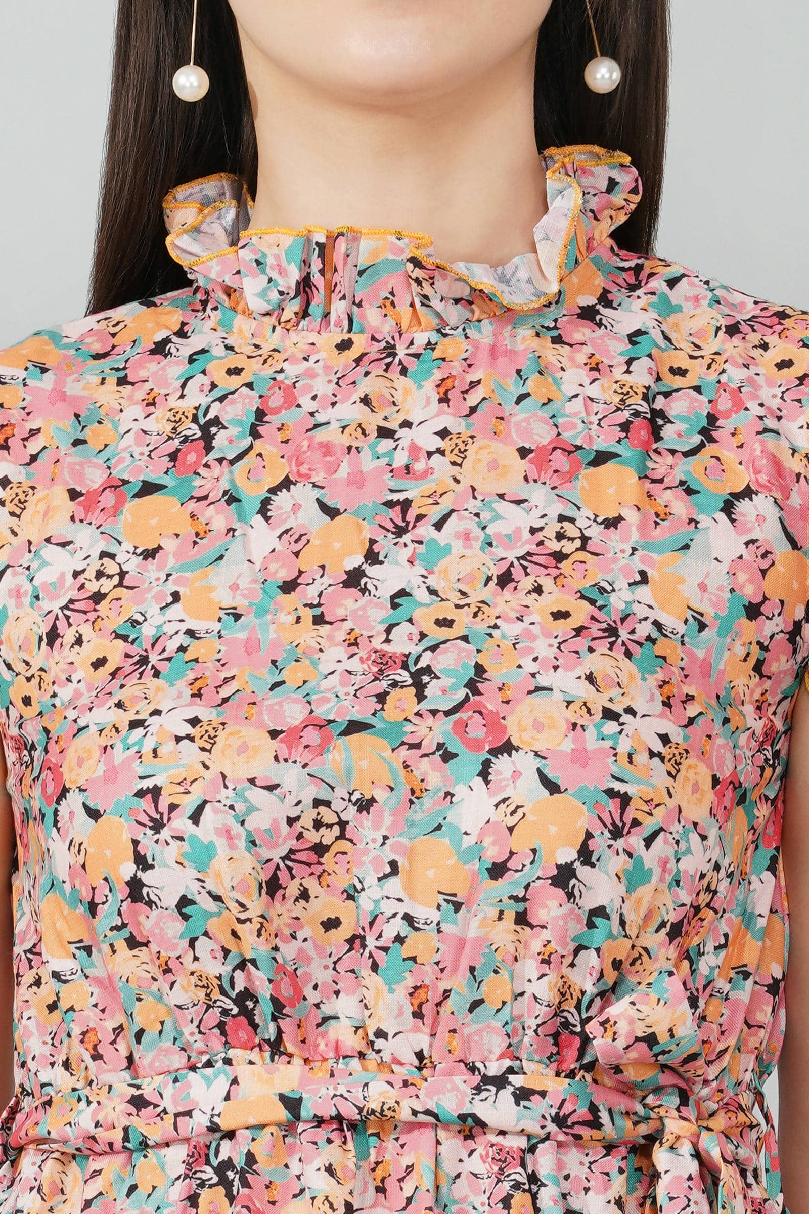 Floral Ruffle Sleeve Belted Dress