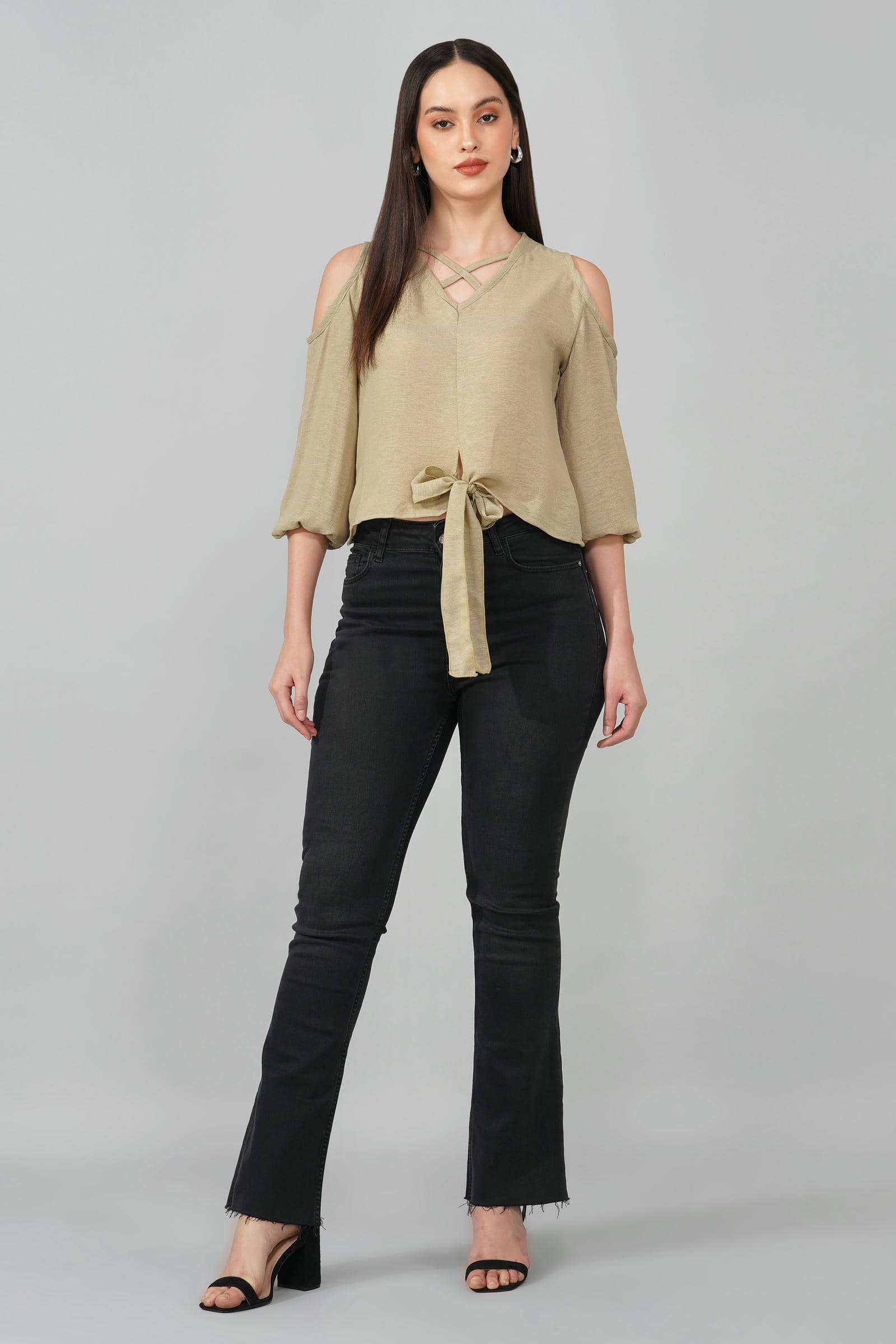 Light Olive Cold Shoulder Tie-Front Top