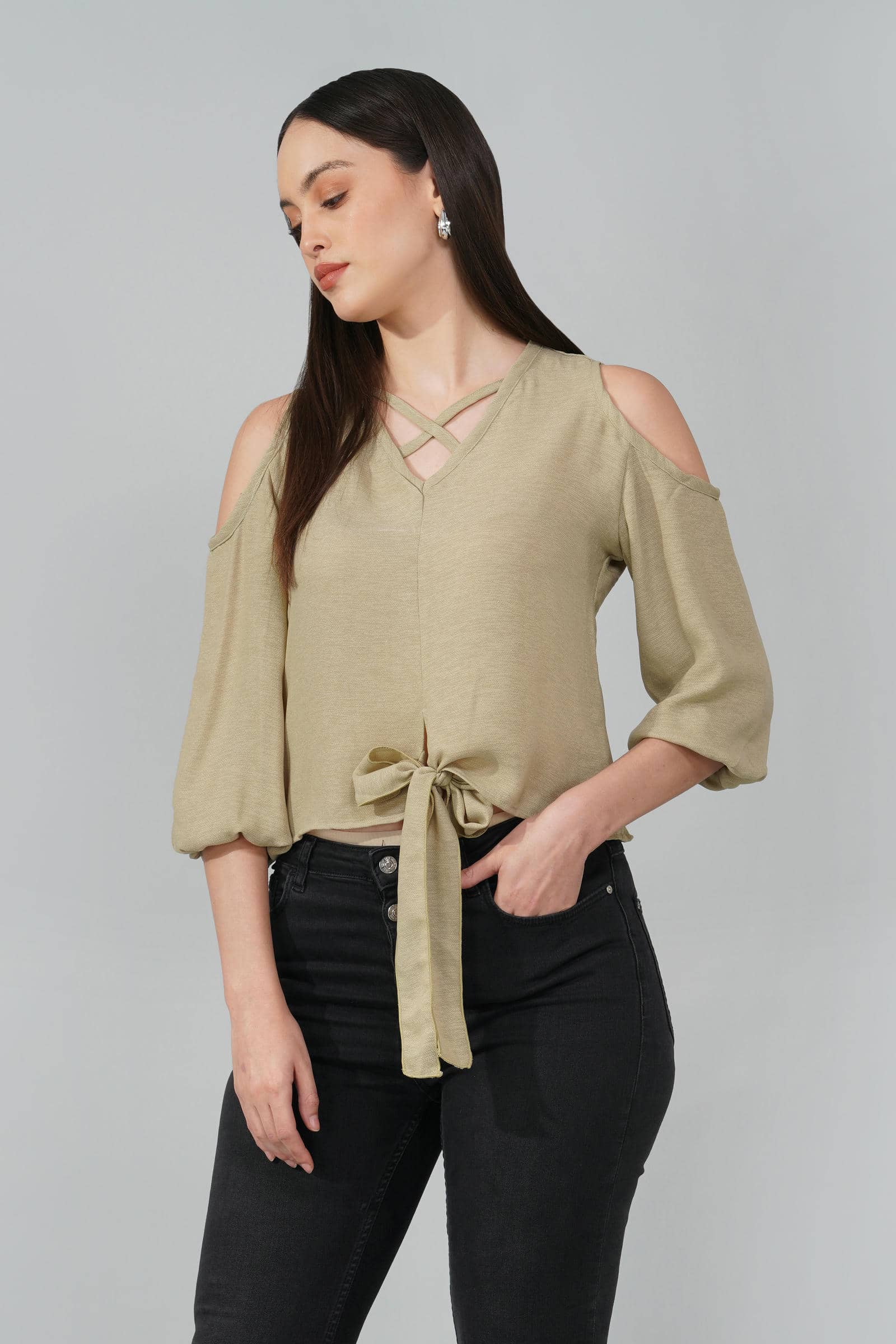 Light Olive Cold Shoulder Tie-Front Top
