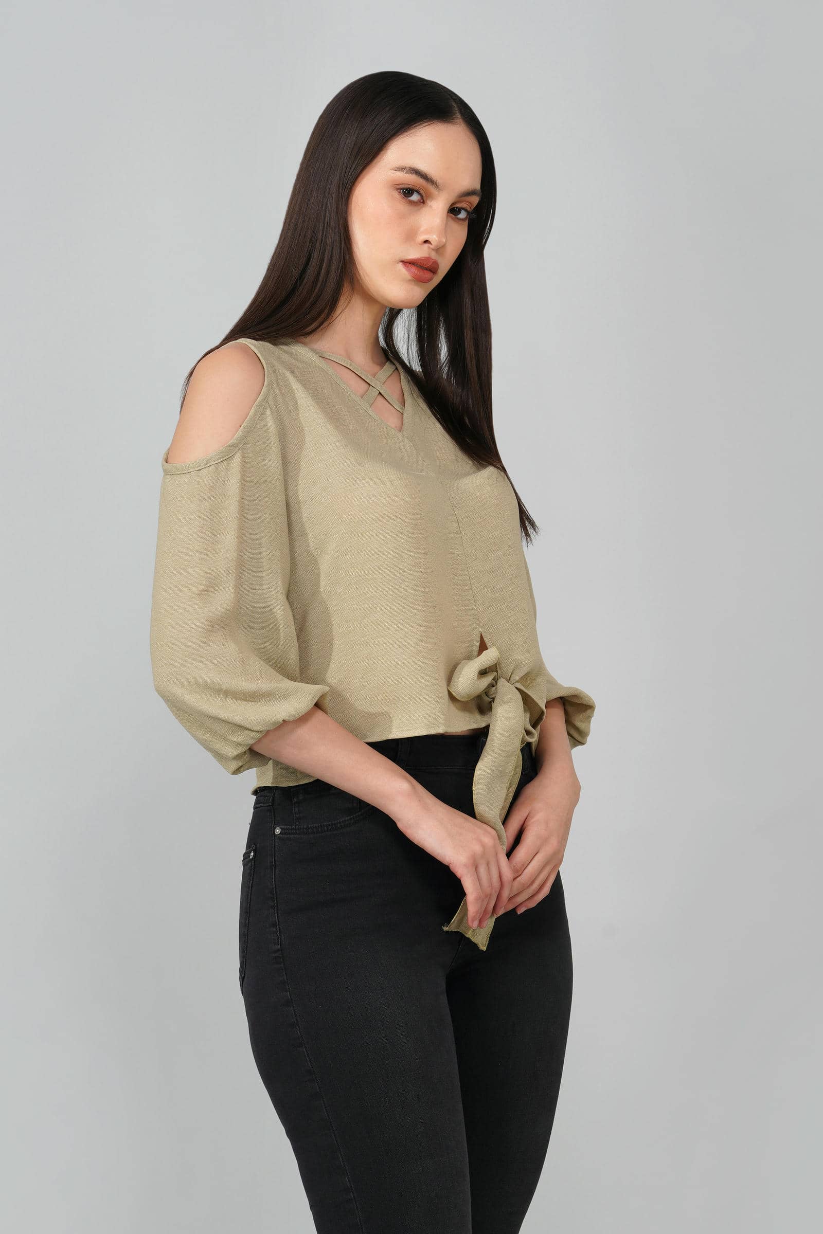 Light Olive Cold Shoulder Tie-Front Top