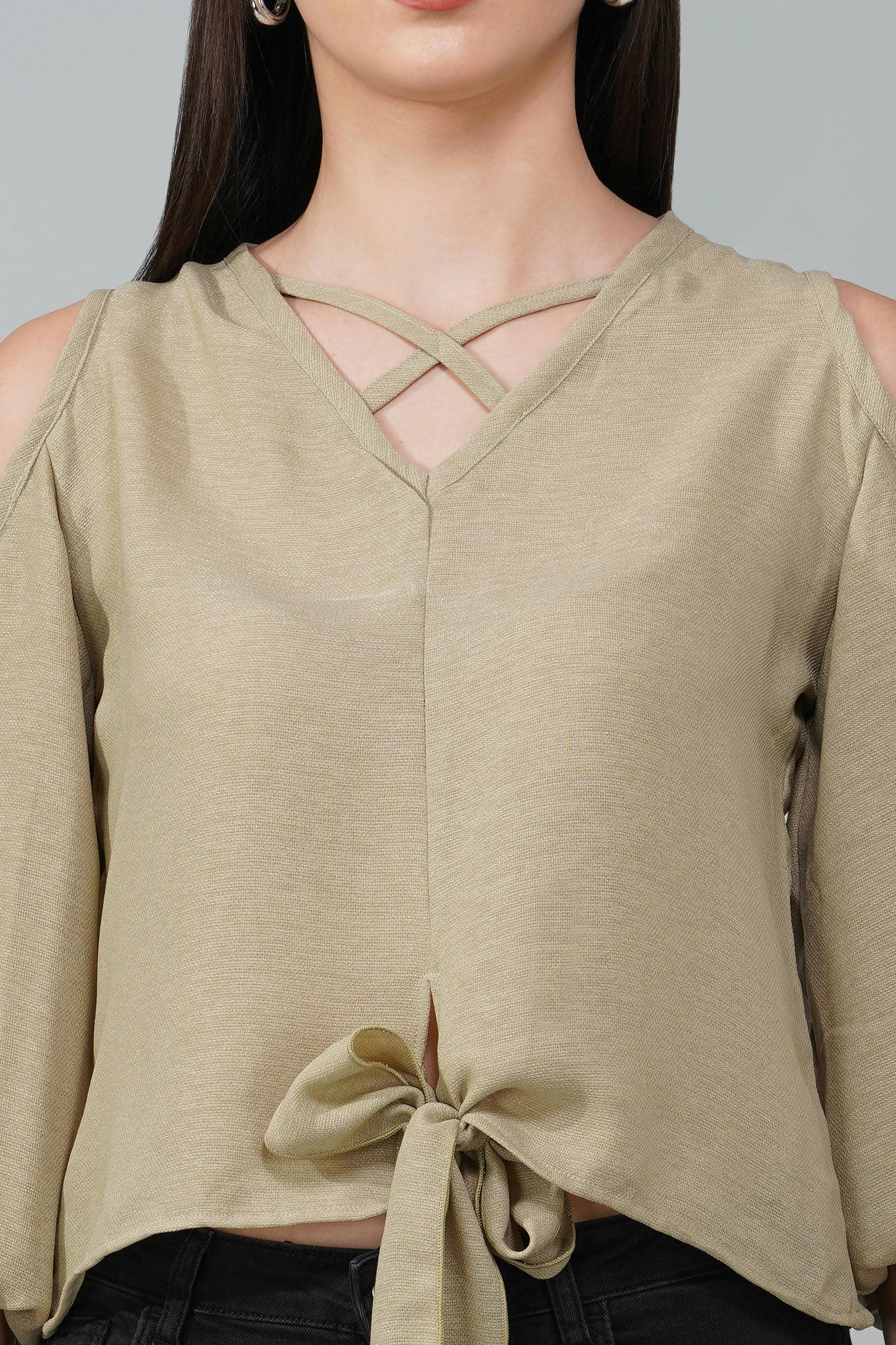 Light Olive Cold Shoulder Tie-Front Top