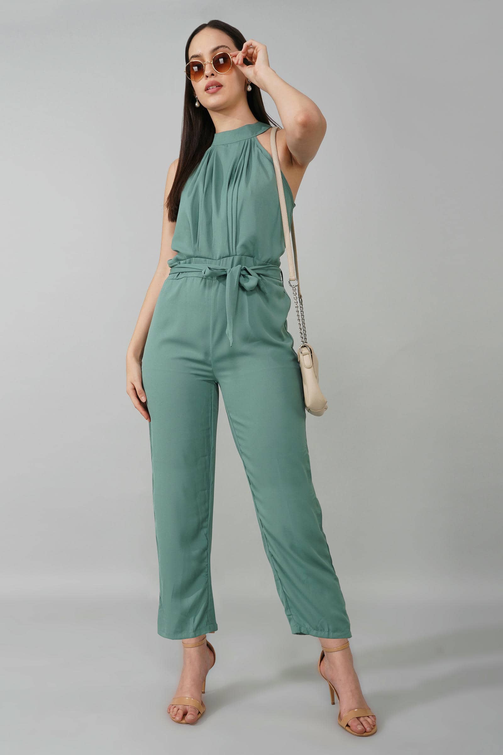 Teal High Neck Belted Jumpsuit