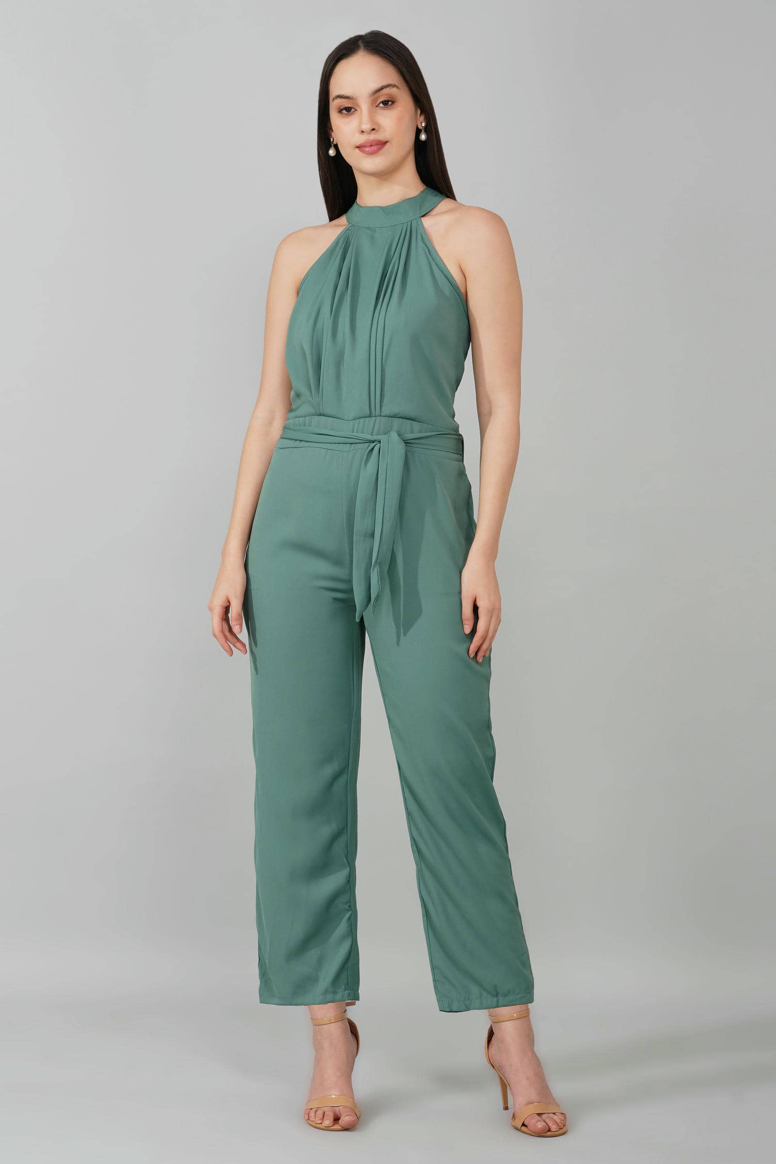 Teal High Neck Belted Jumpsuit