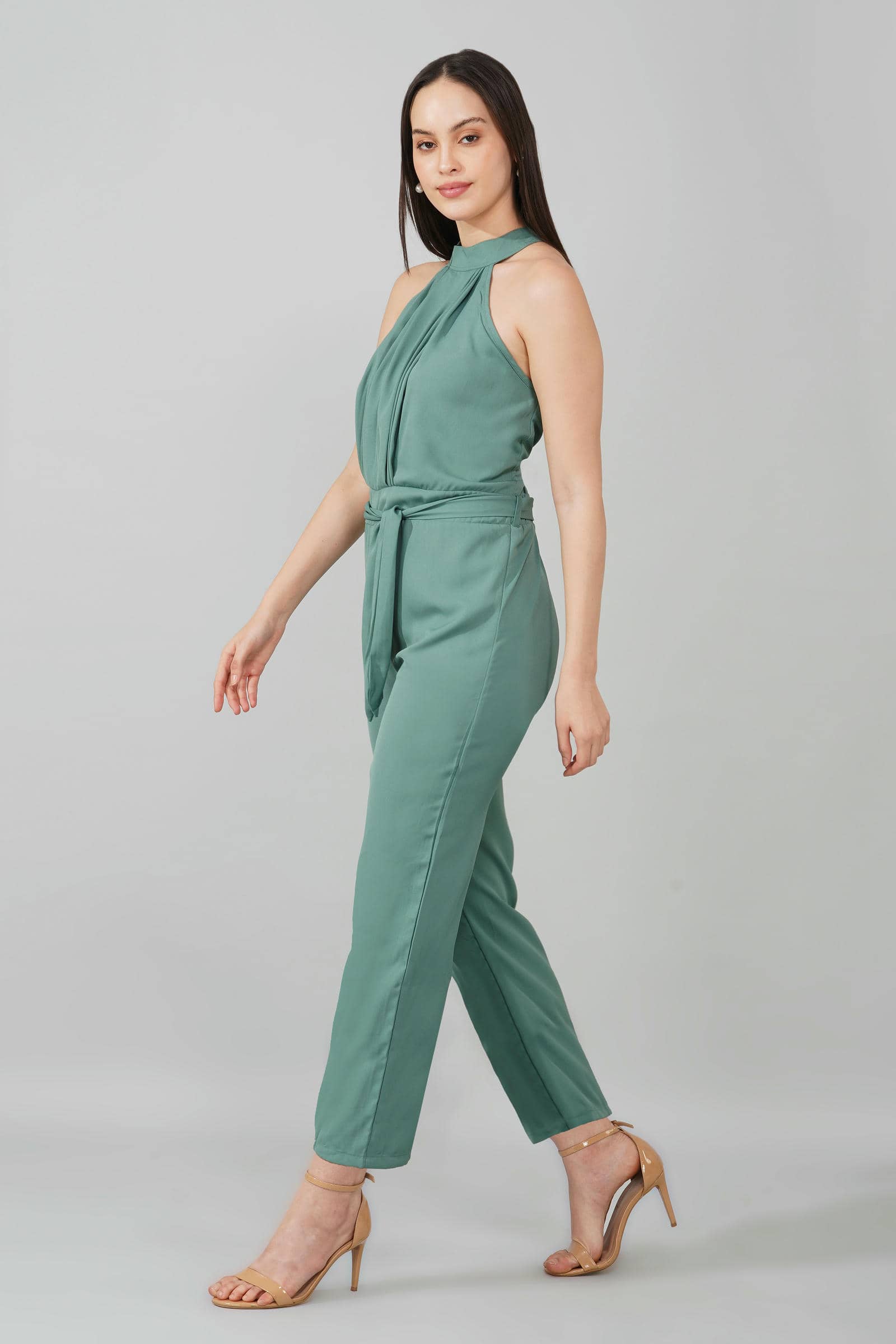 Teal High Neck Belted Jumpsuit