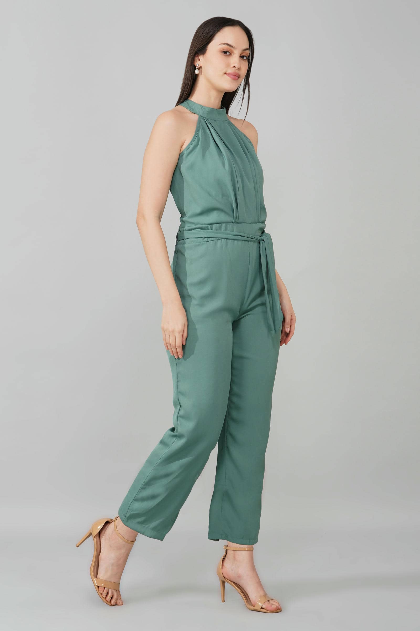 Teal High Neck Belted Jumpsuit