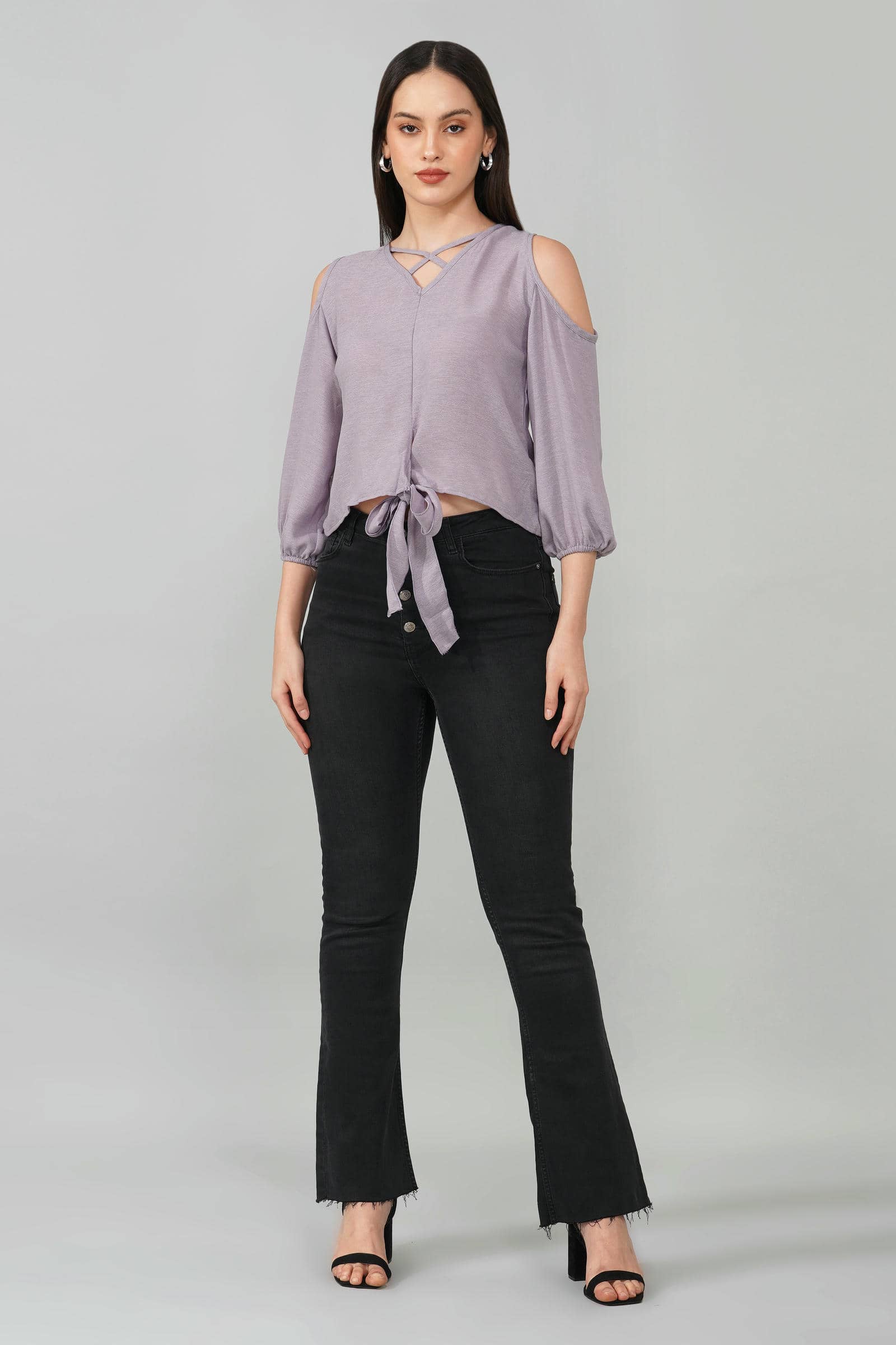 Lavender Cold Shoulder Tie-Front Top