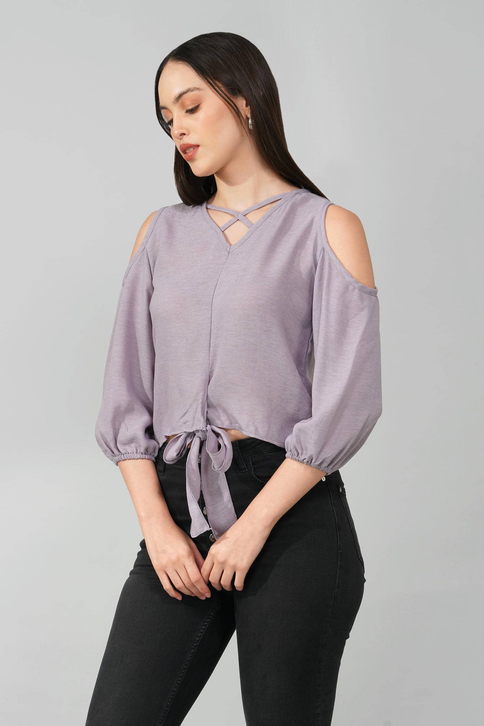 Lavender Cold Shoulder Tie-Front Top