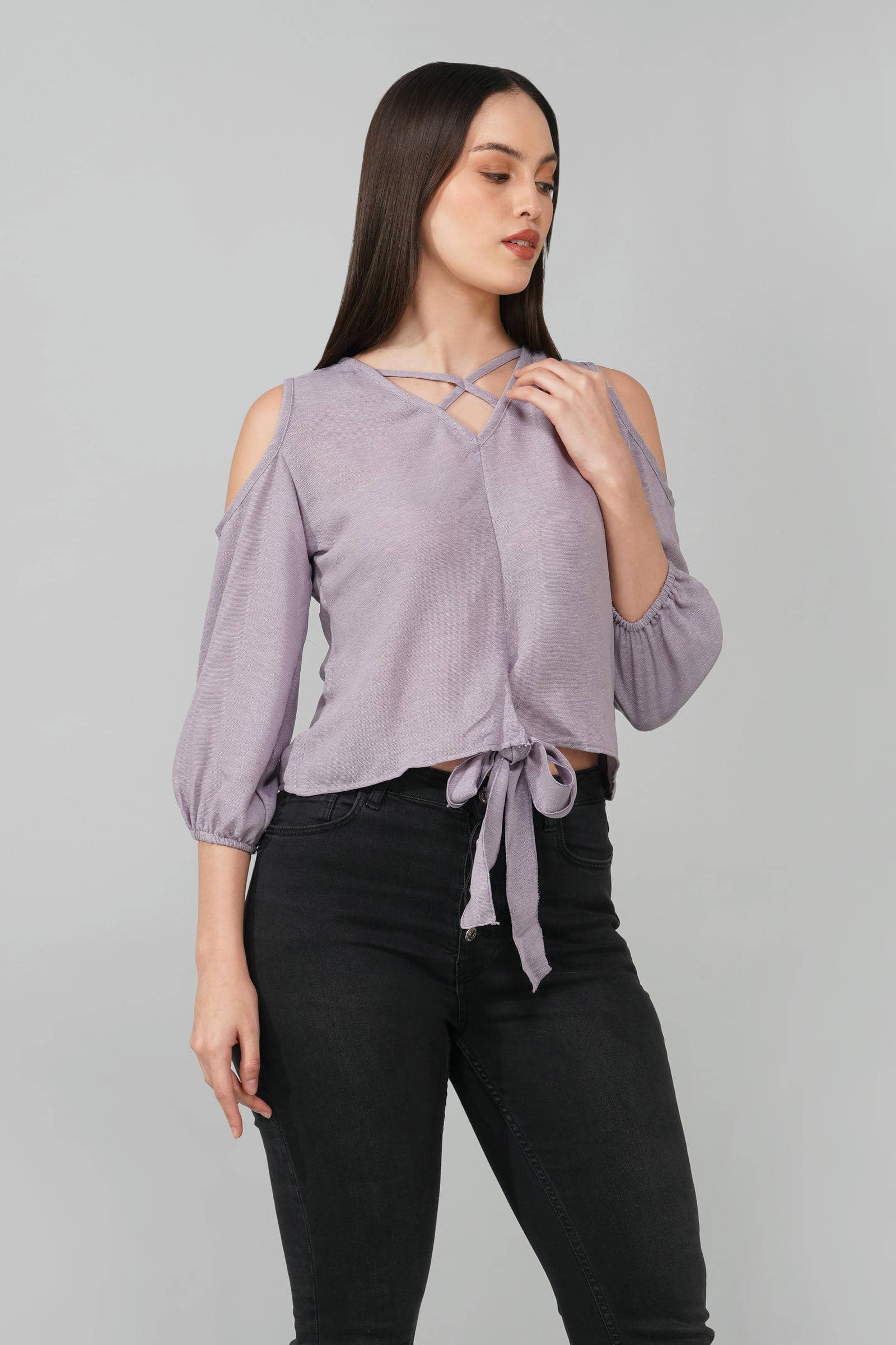 Lavender Cold Shoulder Tie-Front Top