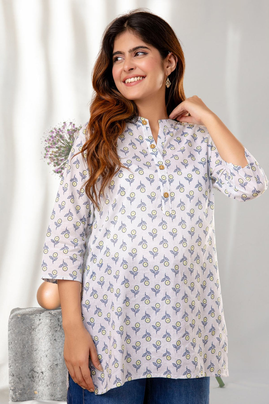 Ivory & Blue Floral Printed Short Kurti