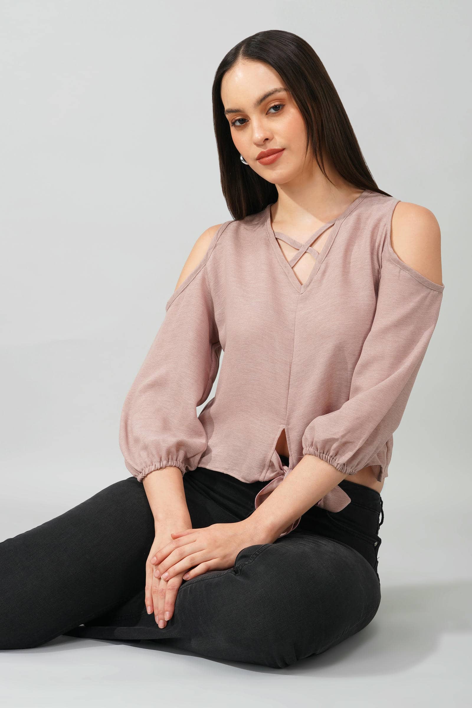 Dusty Pink Cold Shoulder Tie-Front Top