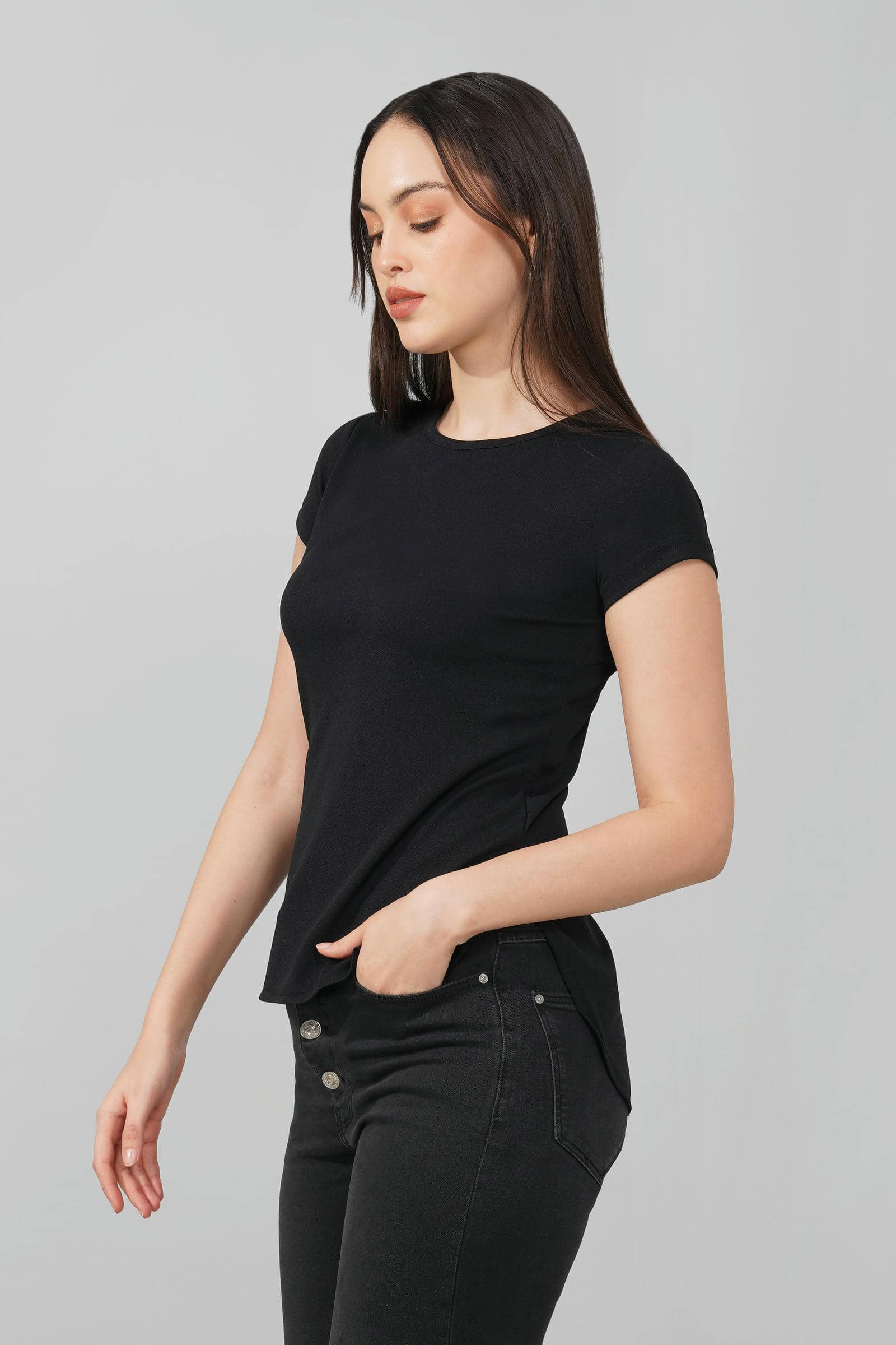 Black Casual Round Neck Top