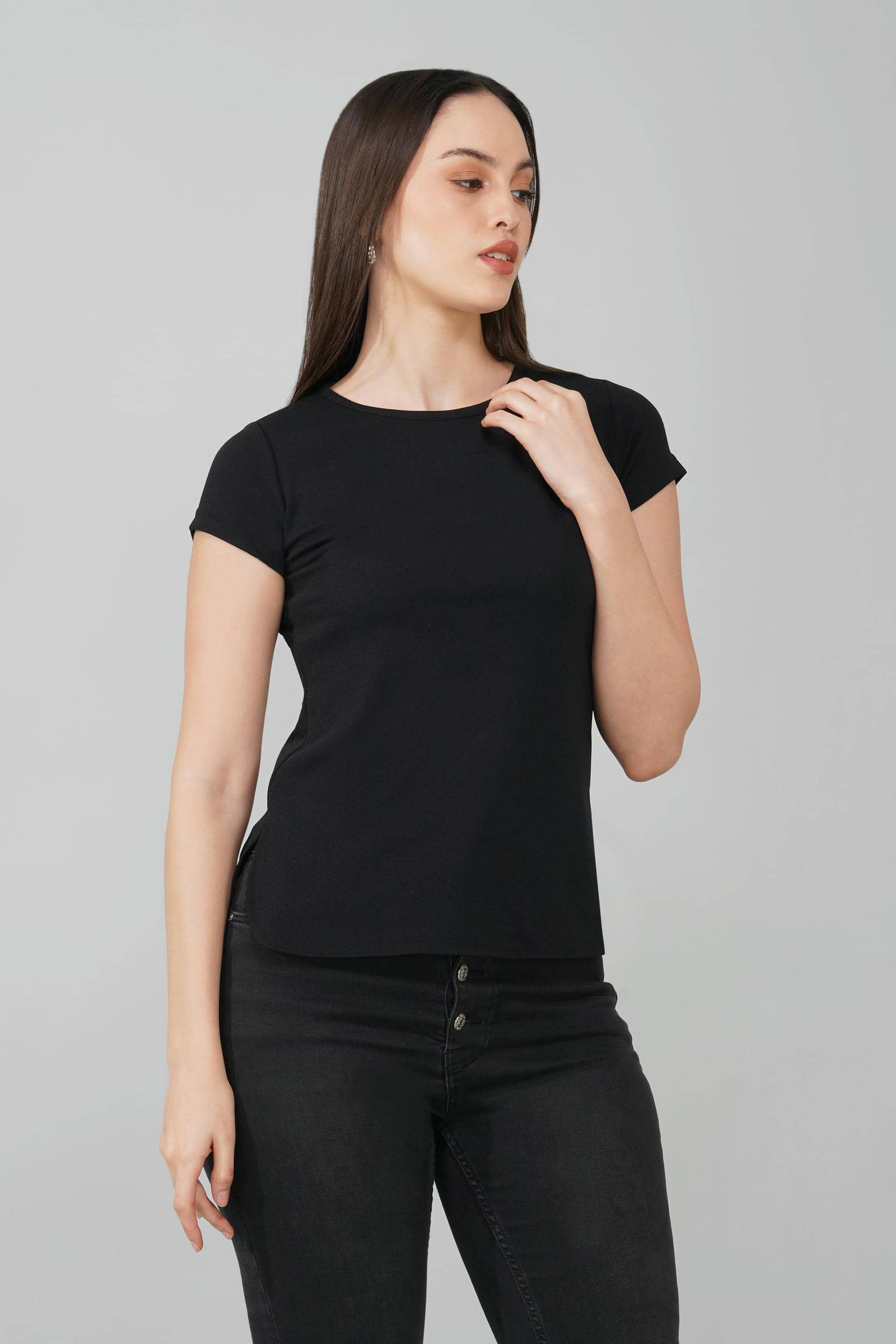 Black Casual Round Neck Top