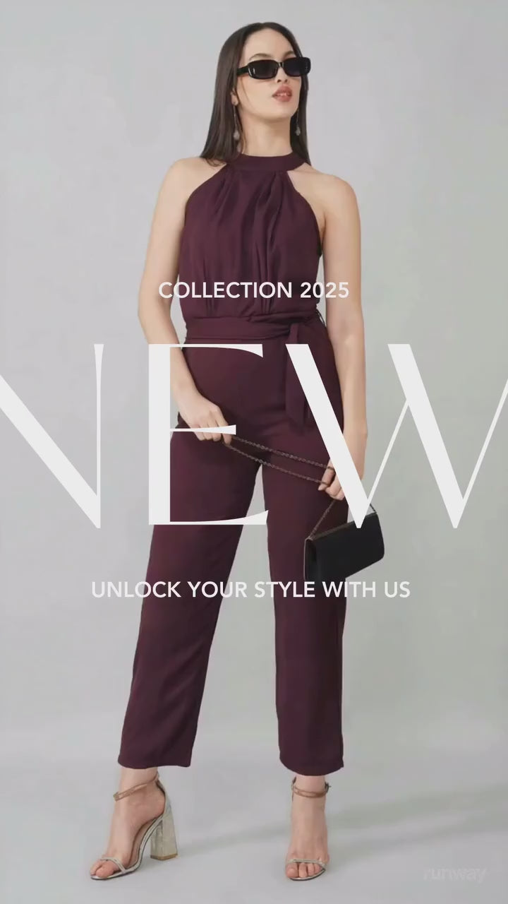 Wine High Neck Belted Jumpsuit